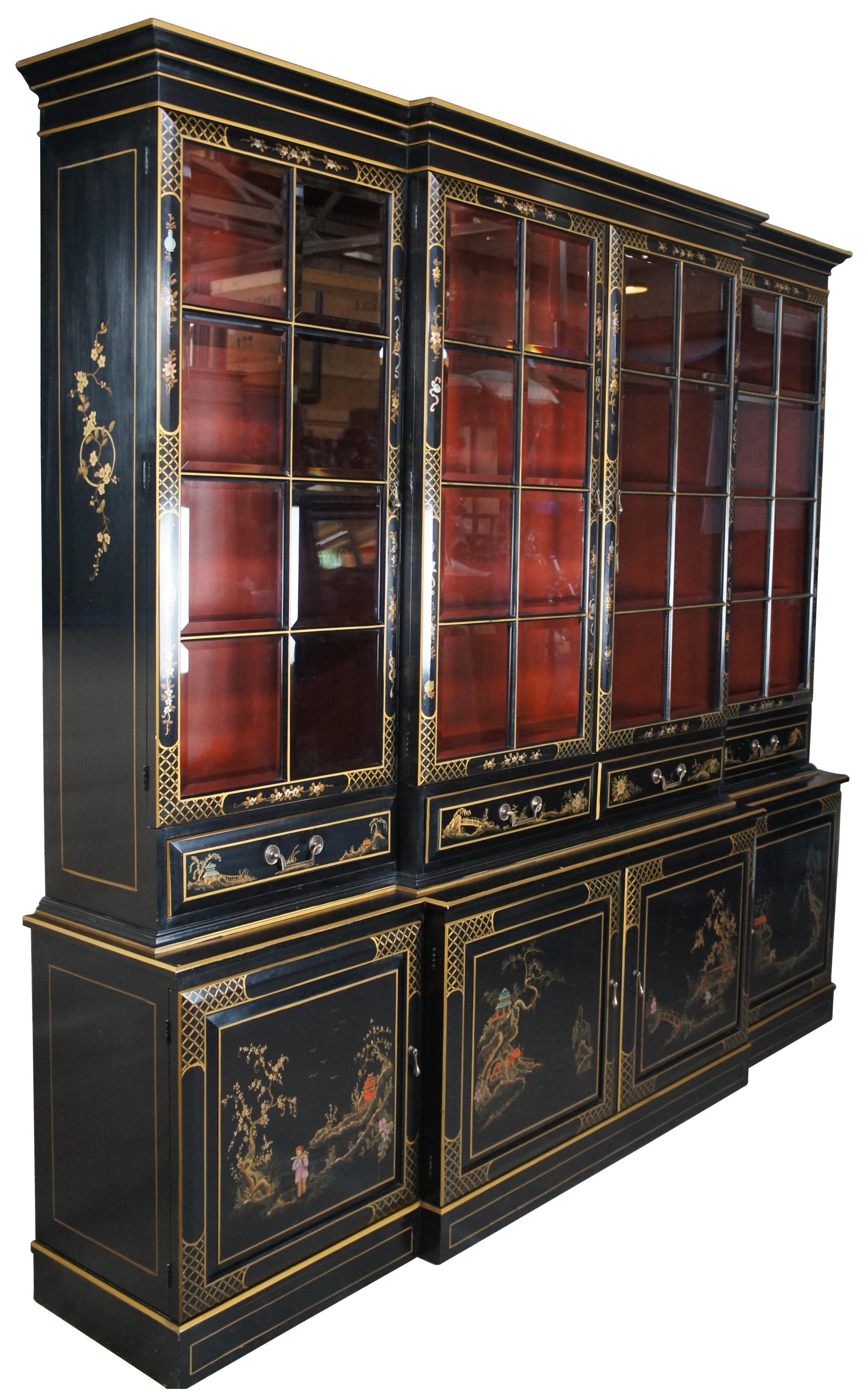 Union National Lacquered Chinoiserie Breakfront China Display Secretary Cabinet In Good Condition In Dayton, OH