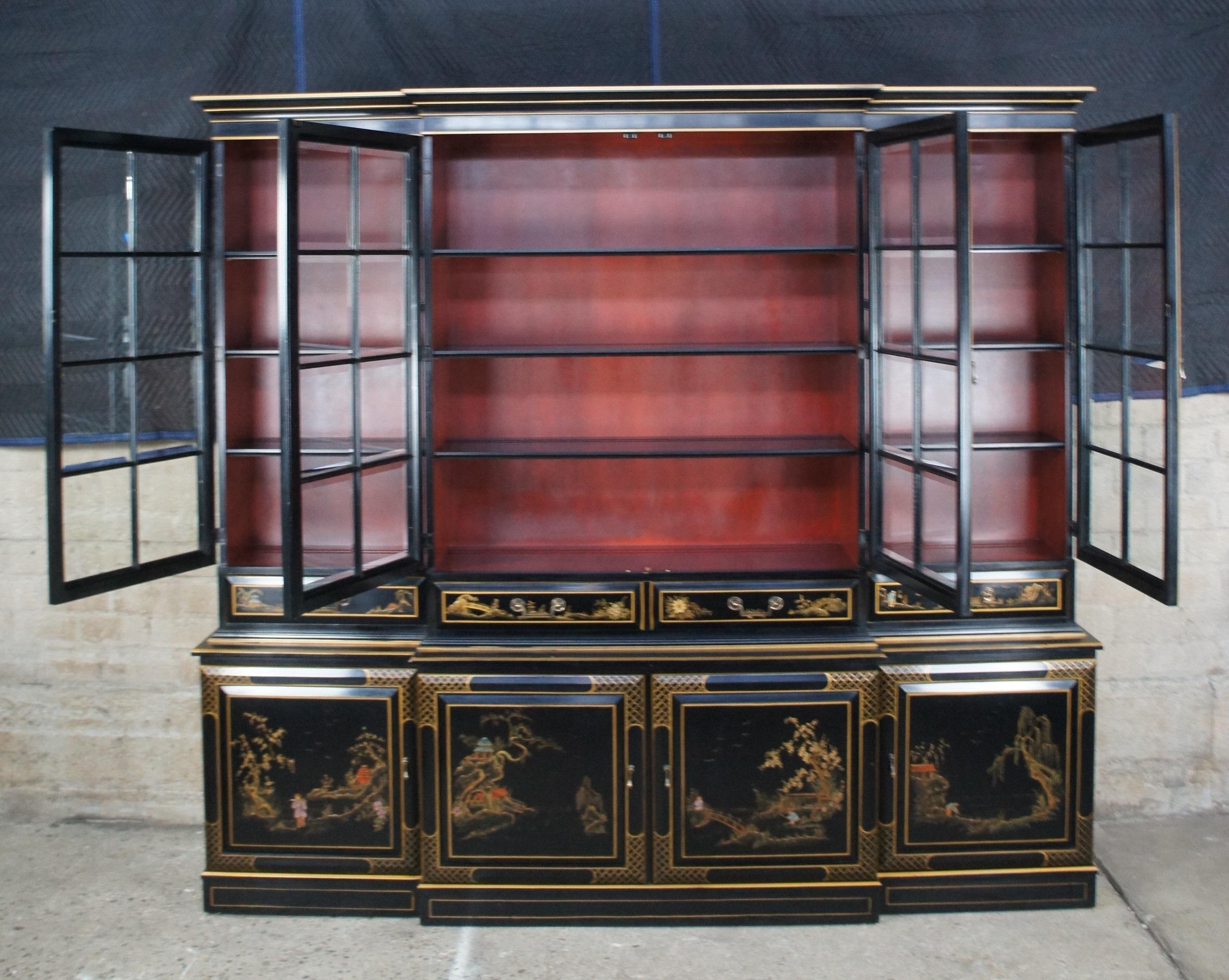 20th Century Union National Lacquered Chinoiserie Breakfront China Display Secretary Cabinet