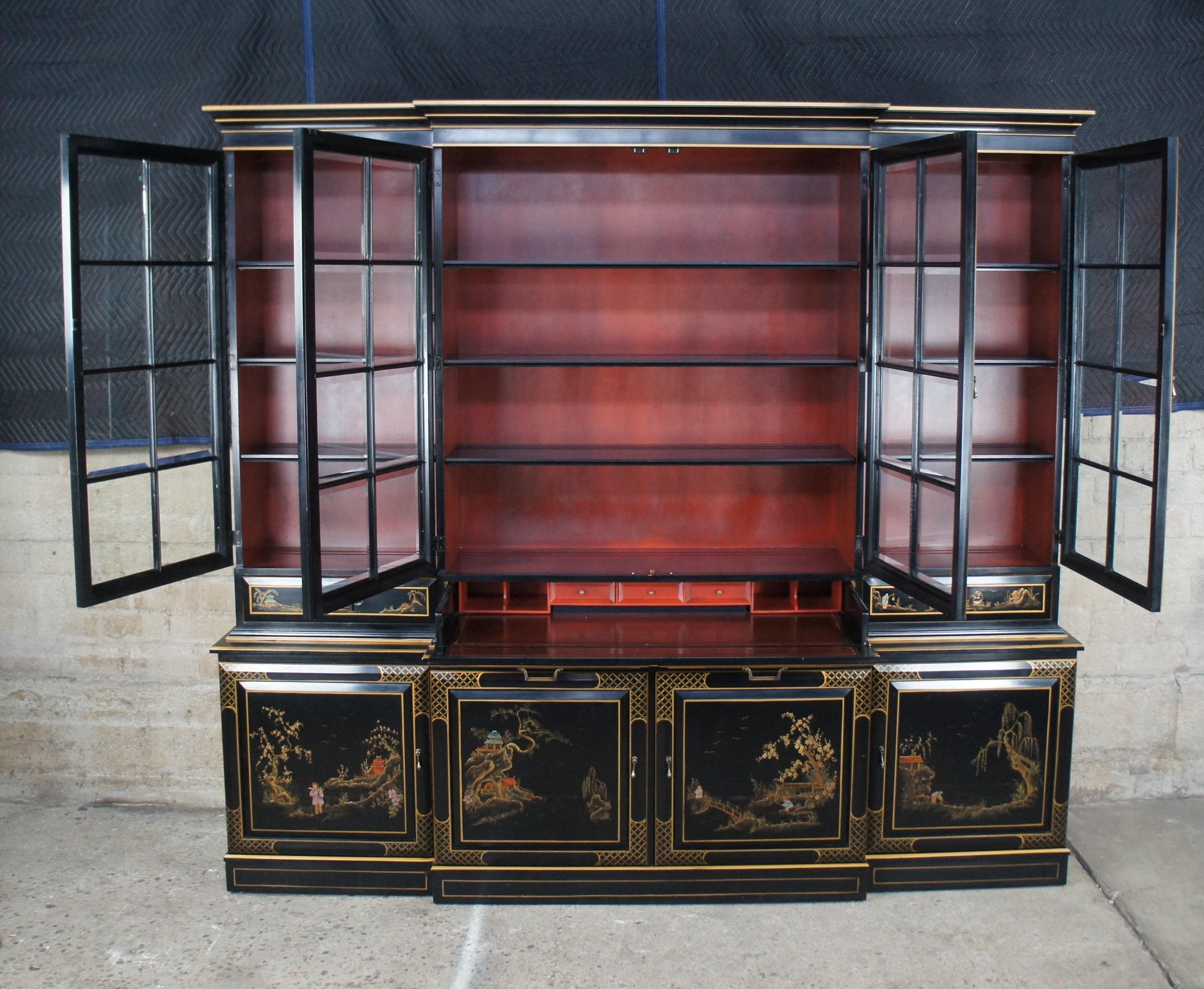 Glass Union National Lacquered Chinoiserie Breakfront China Display Secretary Cabinet