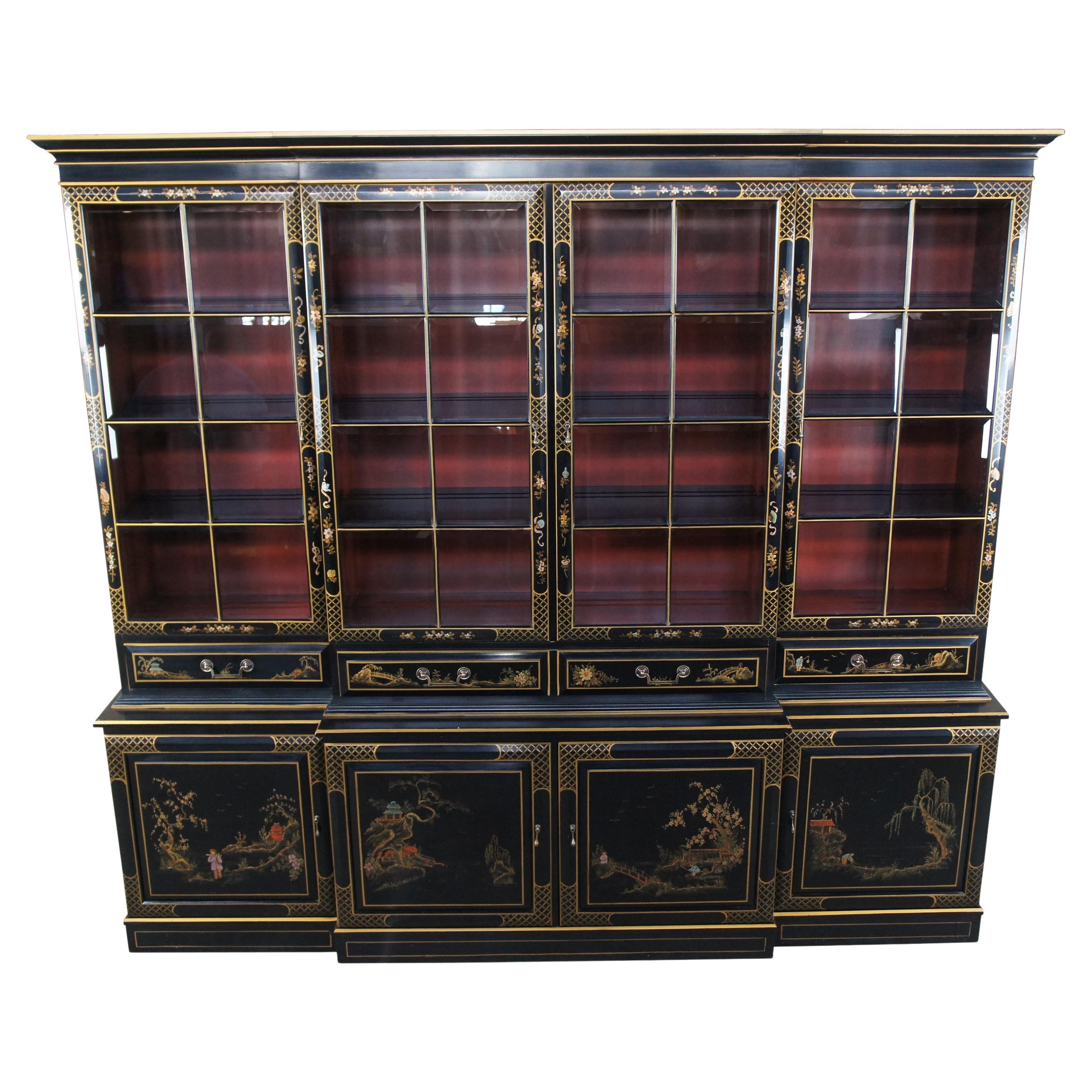 Union National Lacquered Chinoiserie Breakfront China Display Secretary Cabinet