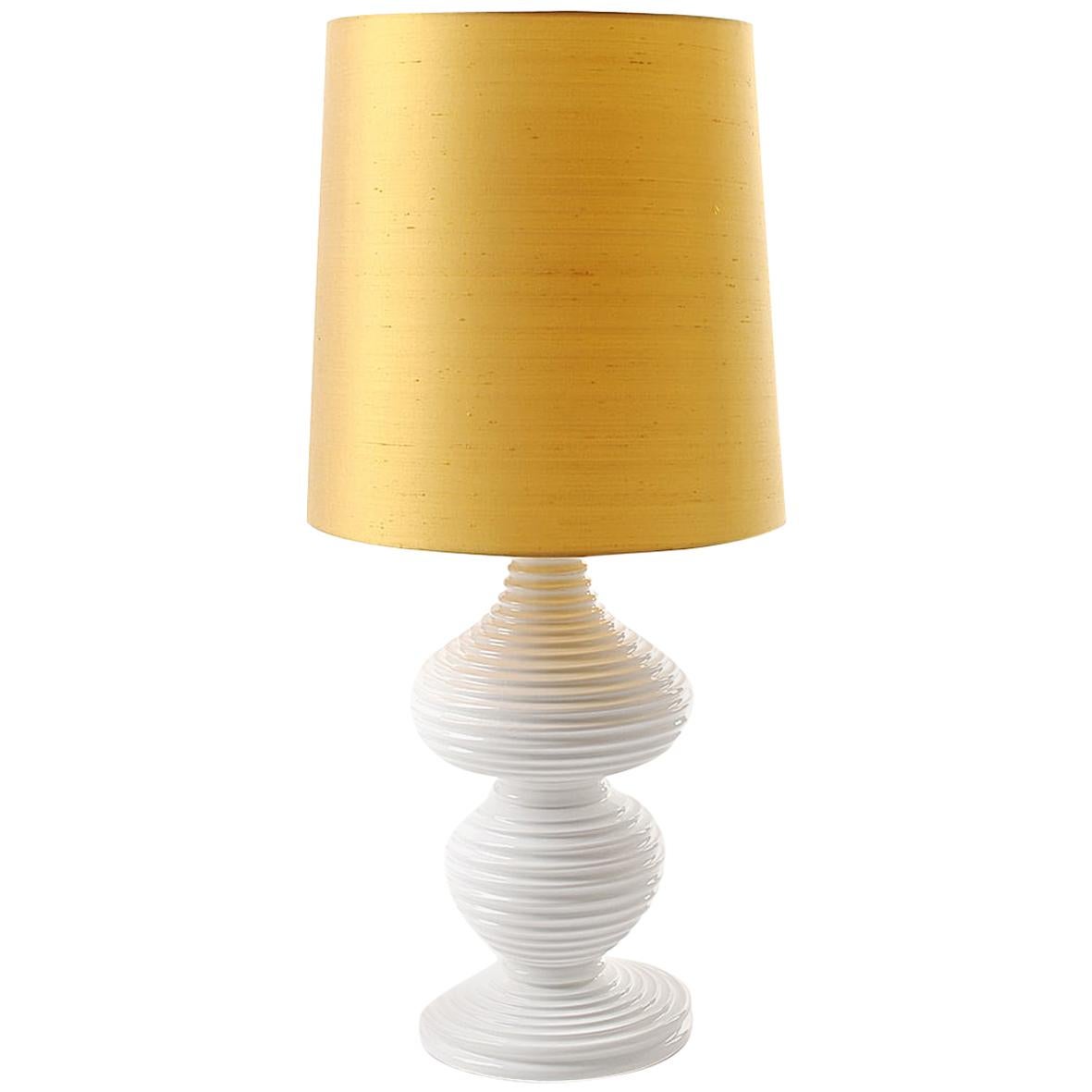 Union Table Lamp in White Lacquered Wood and Silk Shade For Sale