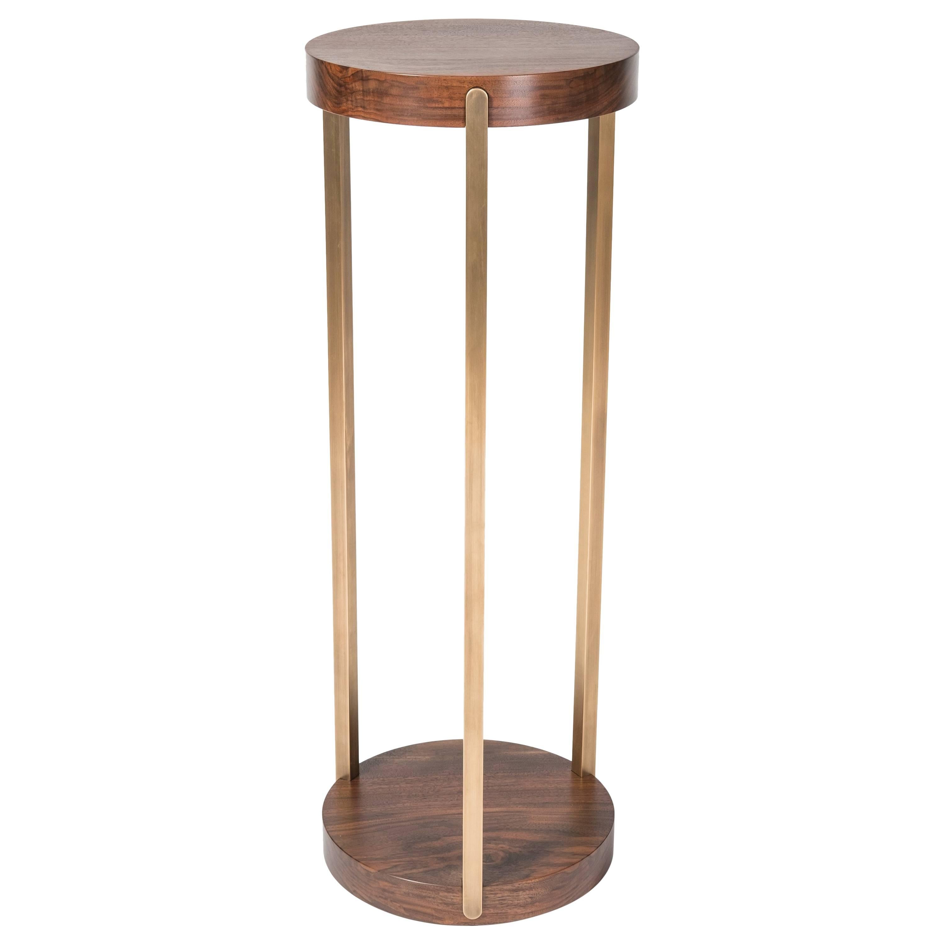 Union Tall Table Stand by Tretiak Works, Contemporary Walnut Aged Brass For Sale
