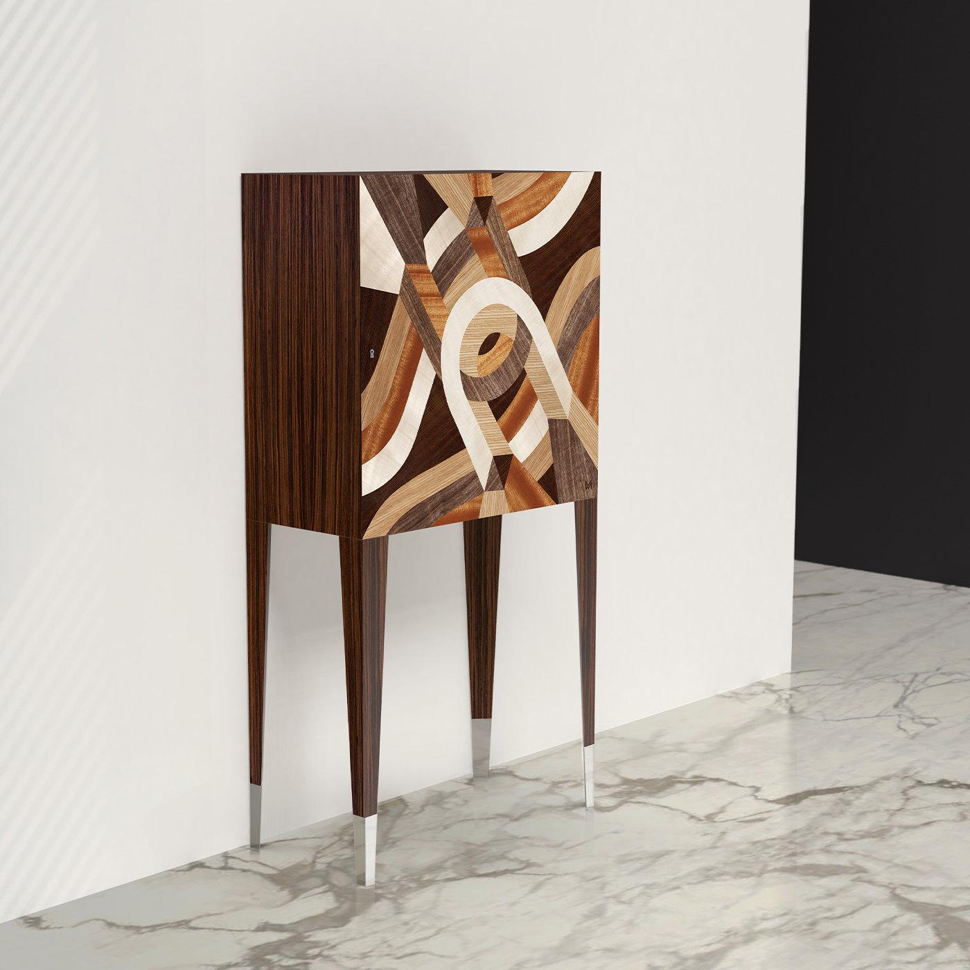 Wood becomes art in this sophisticated bar cabinet that embodies Marzia Boaglio's crafting and luxurious style. The rectangular rosewood frame is supported by tall and slender legs with polished steel feet, the top unit showcasing a door with an