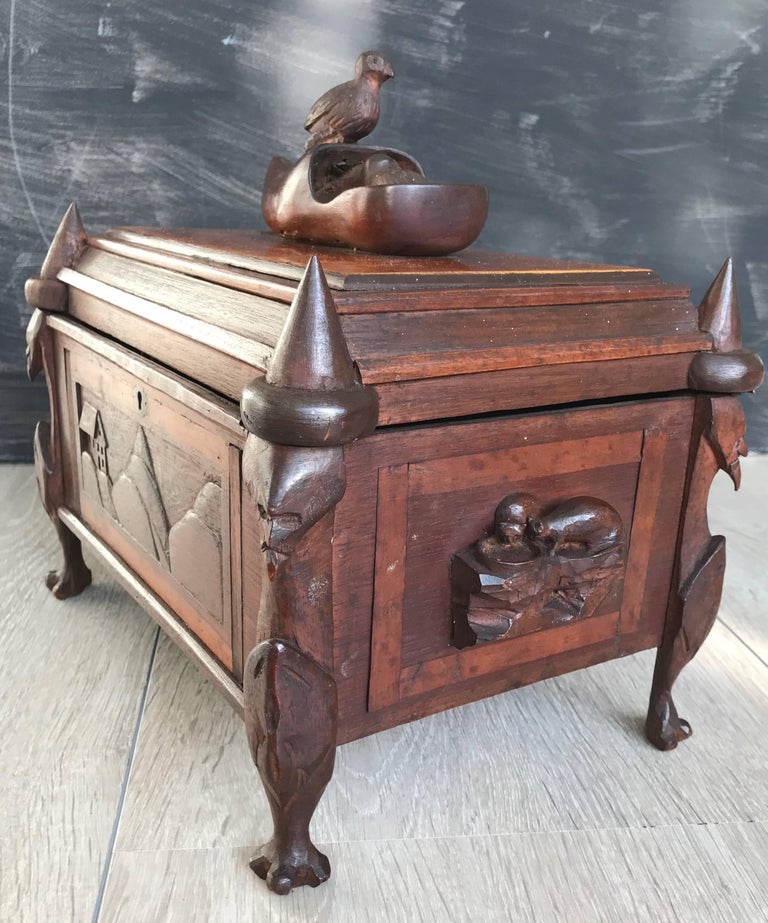 Unique and Antique HandCarved Wooden Folk Art Box with Cats, Birds and More Figures at 1stDibs