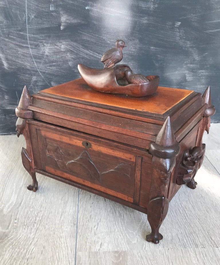 Unique and Antique HandCarved Wooden Folk Art Box with Cats, Birds and More Figures at 1stDibs