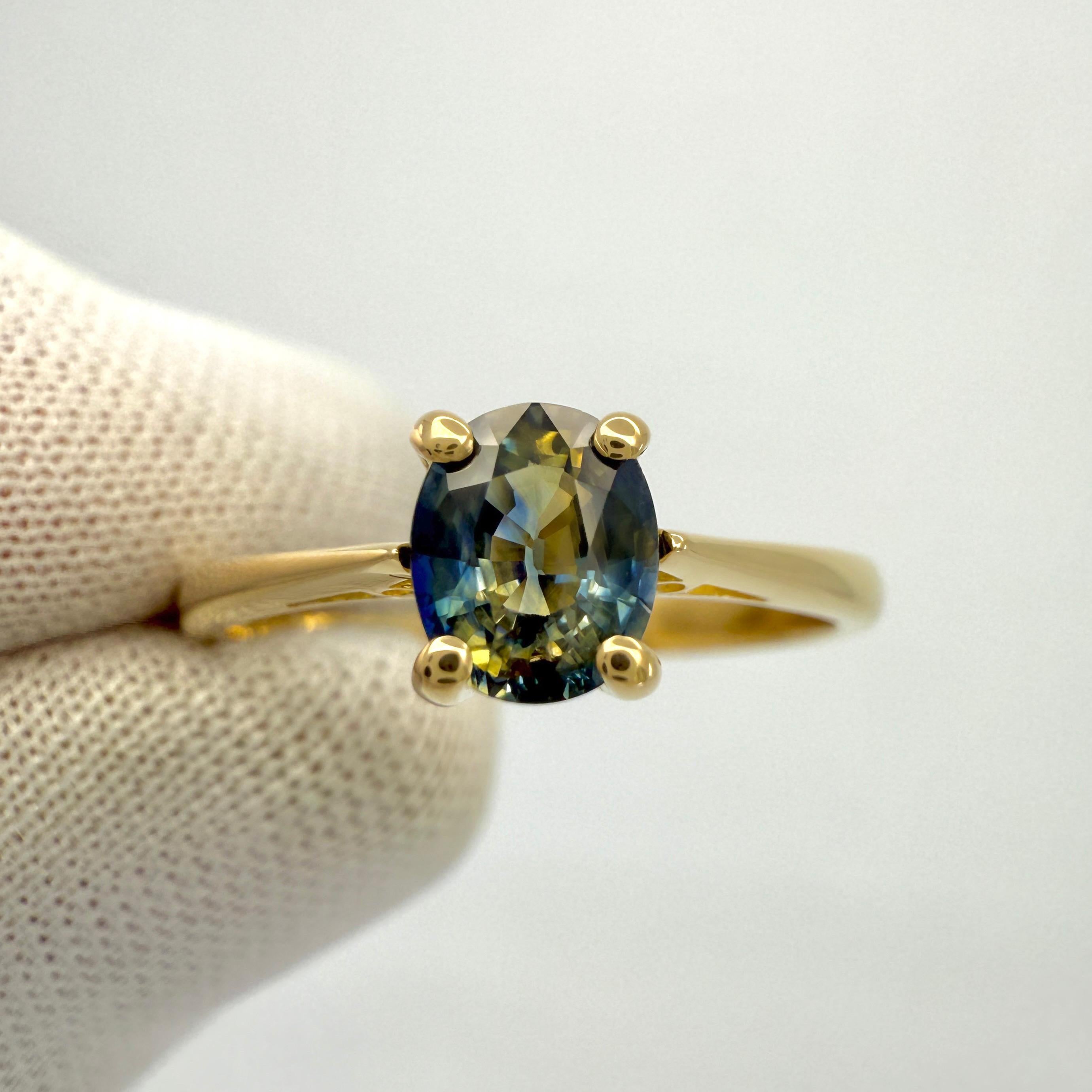Einzigartiger 0,85 Karat zweifarbiger ovaler CEYLON Blauer Gelber Saphir Solitär 18k Gold Ring im Zustand „Neu“ im Angebot in Birmingham, GB