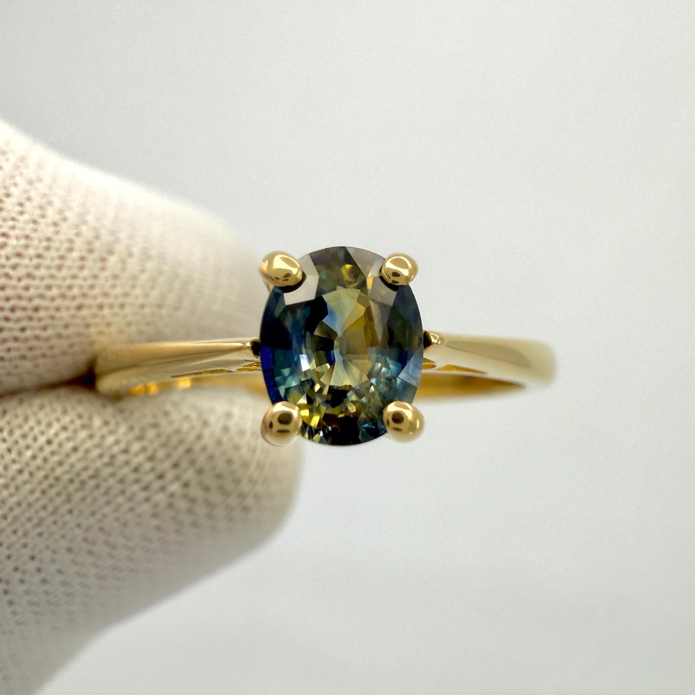 Einzigartiger 0,85 Karat zweifarbiger ovaler CEYLON Blauer Gelber Saphir Solitär 18k Gold Ring im Angebot 2