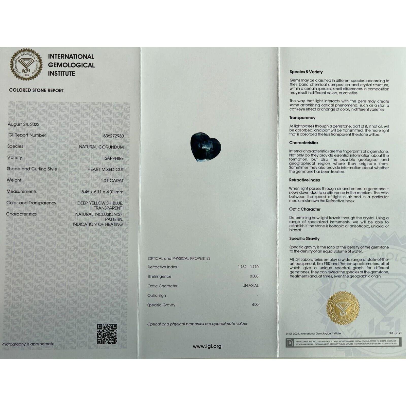 Unique 1.01ct Deep Yellowish Blue Rare Sapphire Heart Cut IGI Certified For Sale 3