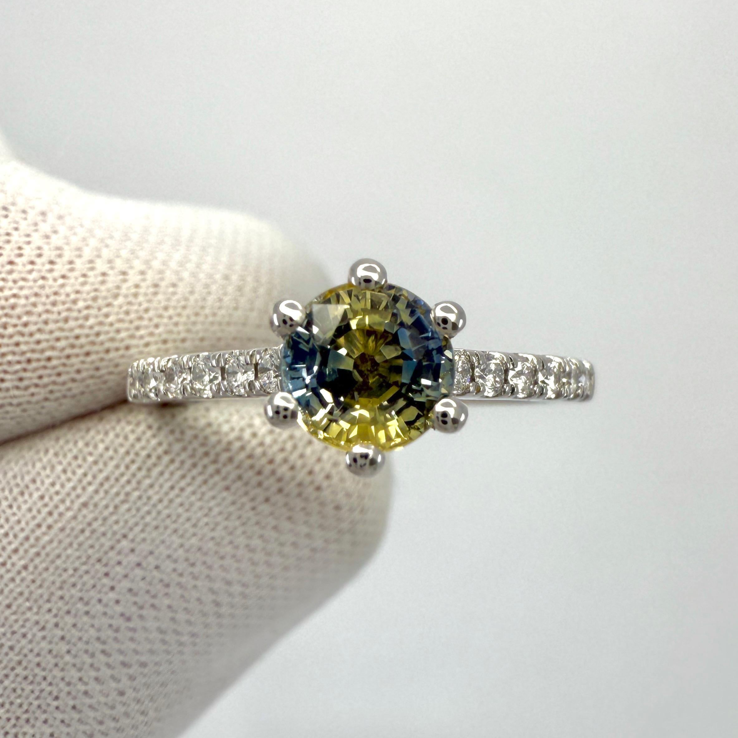 Unique 1.05ct Bi Colour Round Cut Blue Yellow Sapphire & Diamond Platinum Ring In New Condition For Sale In Birmingham, GB