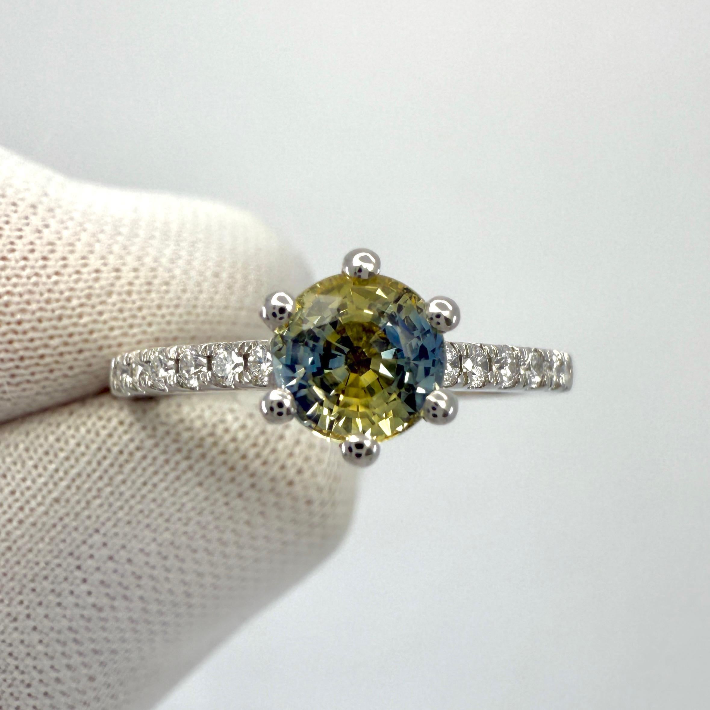 Unique 1.05ct Bi Colour Round Cut Blue Yellow Sapphire & Diamond Platinum Ring For Sale 1