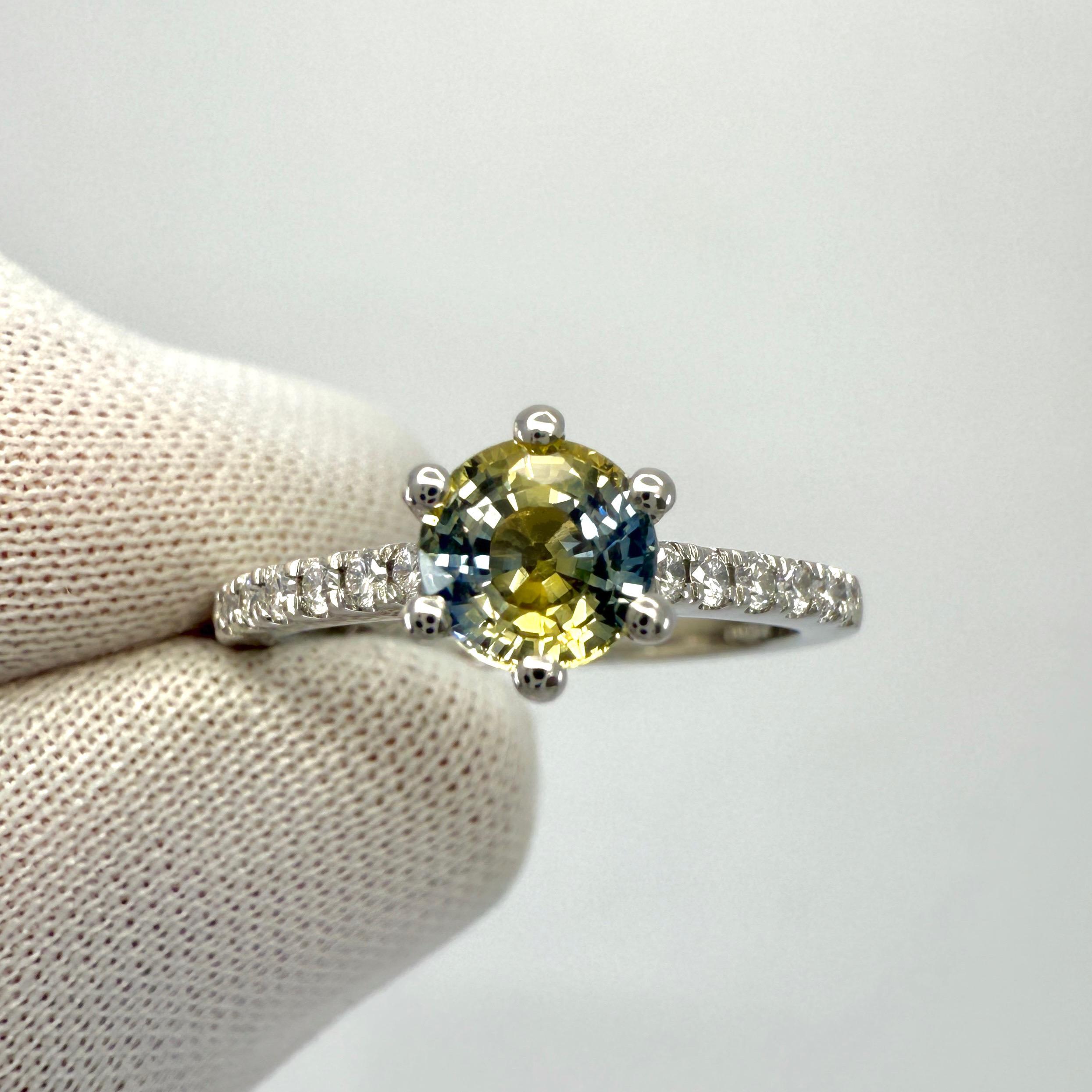 Unique 1.05ct Bi Colour Round Cut Blue Yellow Sapphire & Diamond Platinum Ring For Sale 4