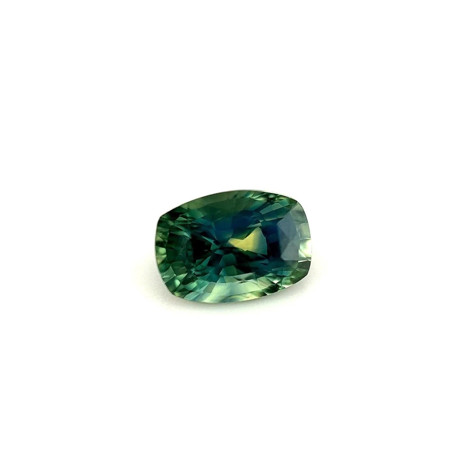 Unique 1.26ct GIA Certified Parti Colour Sapphire Green Blue Rare Cushion

Unique Rare Parti Colour Australian Sapphire Gemstone.
1.26 Carat sapphire with a rare bi colour effect. Showing blue and green colours with a unique colour zoning. Very rare