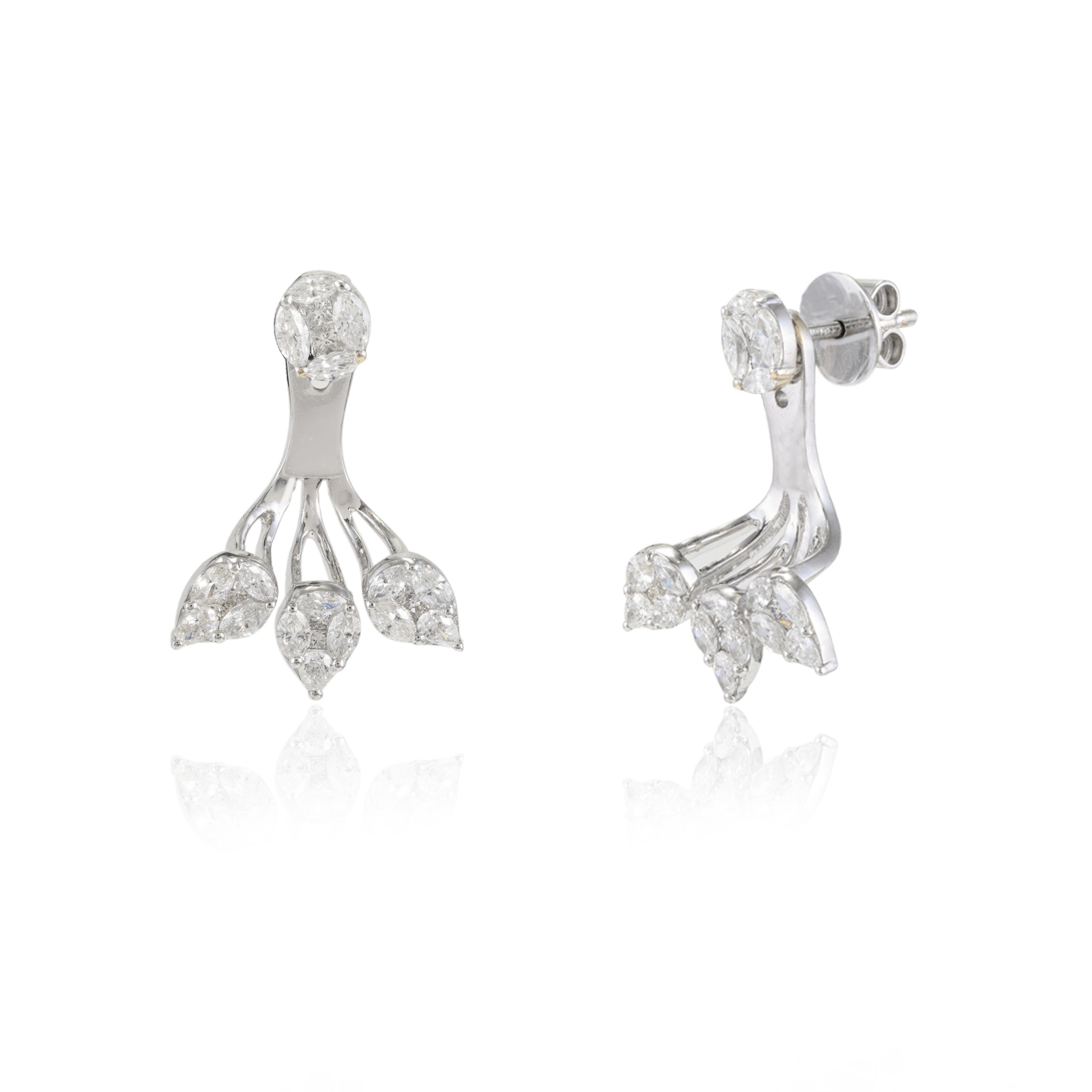 Modern Unique 1.34 Carat Natural Diamond Ear Jacket Earrings in 18K Solid White Gold For Sale