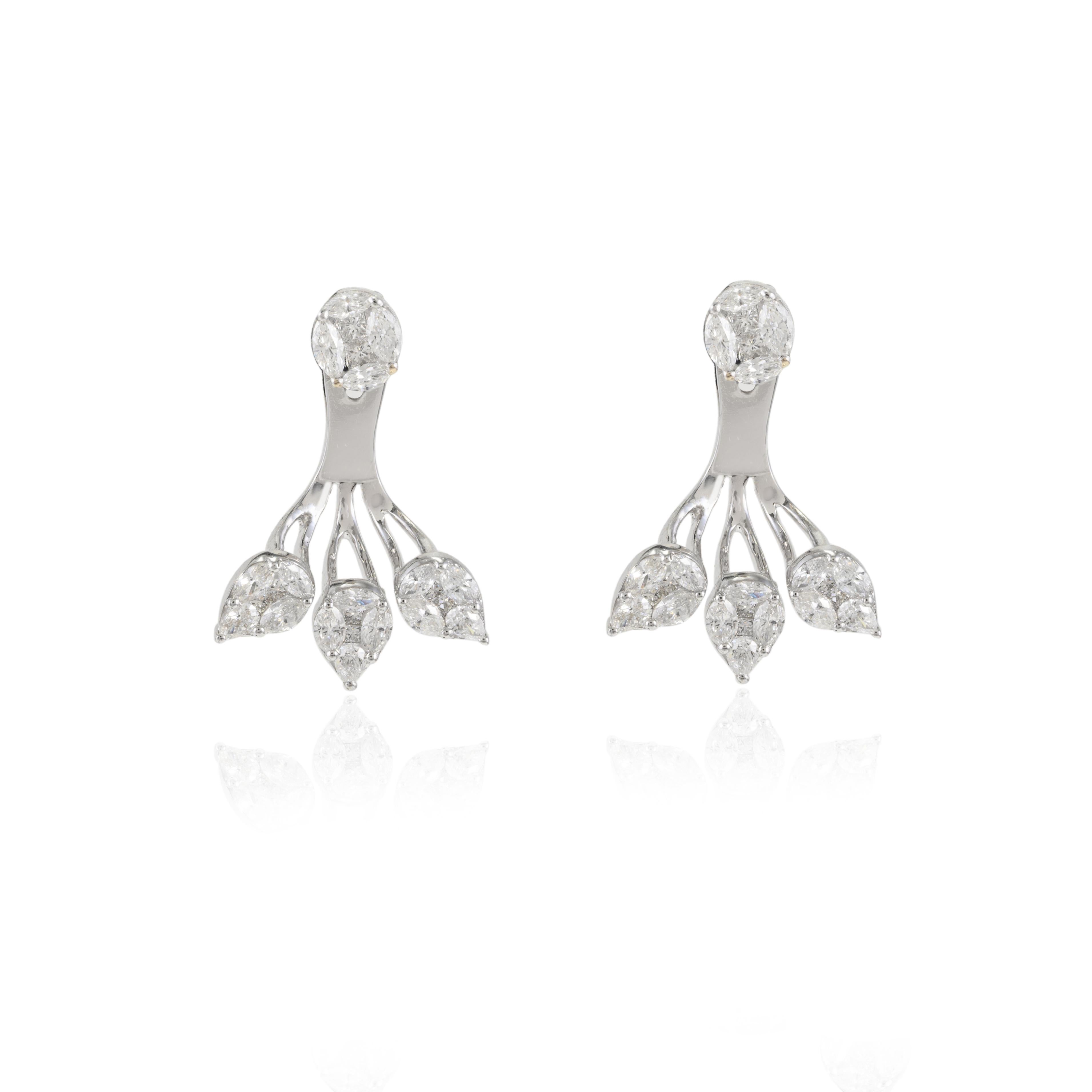 Unique 1.34 Carat Natural Diamond Ear Jacket Earrings in 18K Solid White Gold In New Condition For Sale In Houston, TX