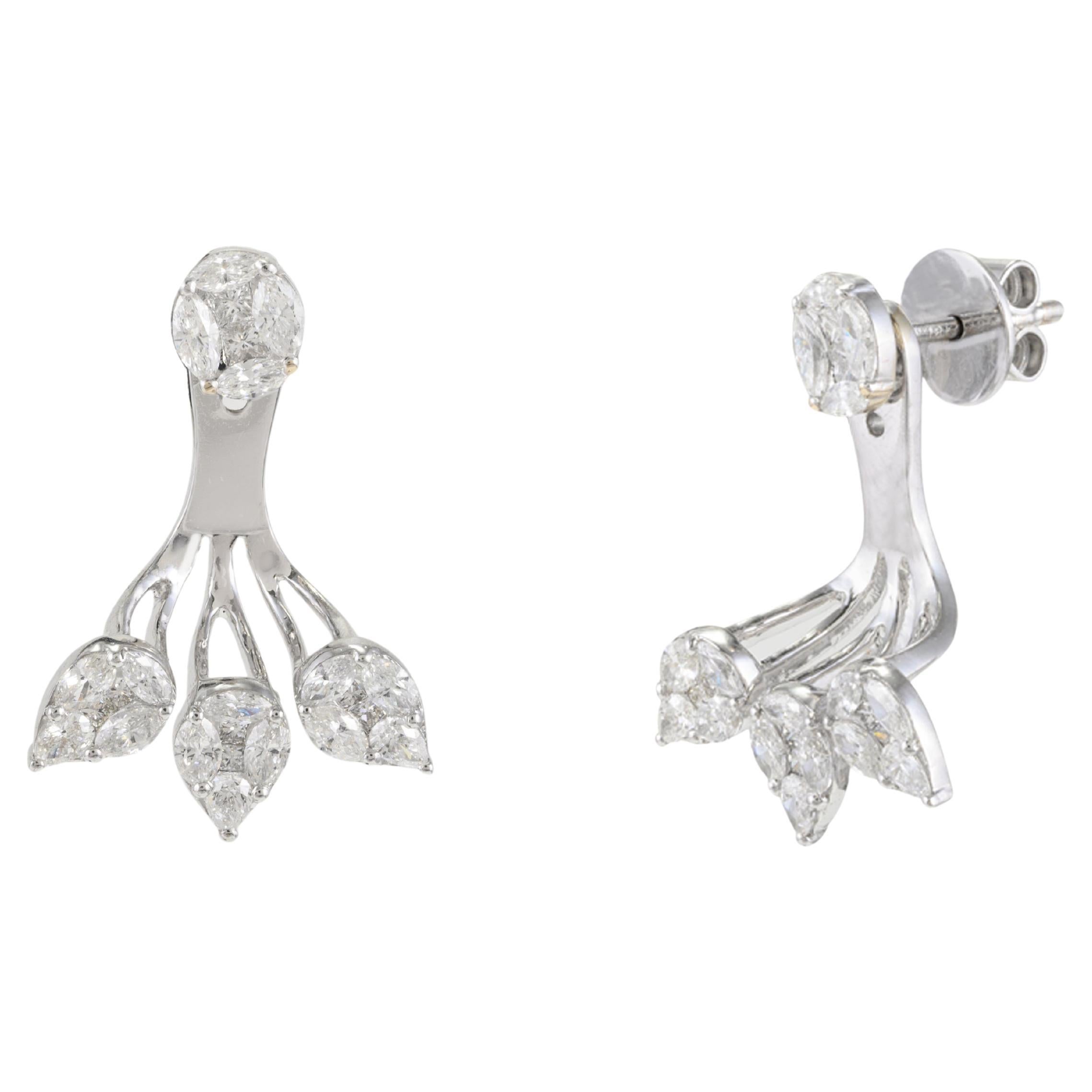 Unique 1.34 Carat Natural Diamond Ear Jacket Earrings in 18K Solid White Gold For Sale