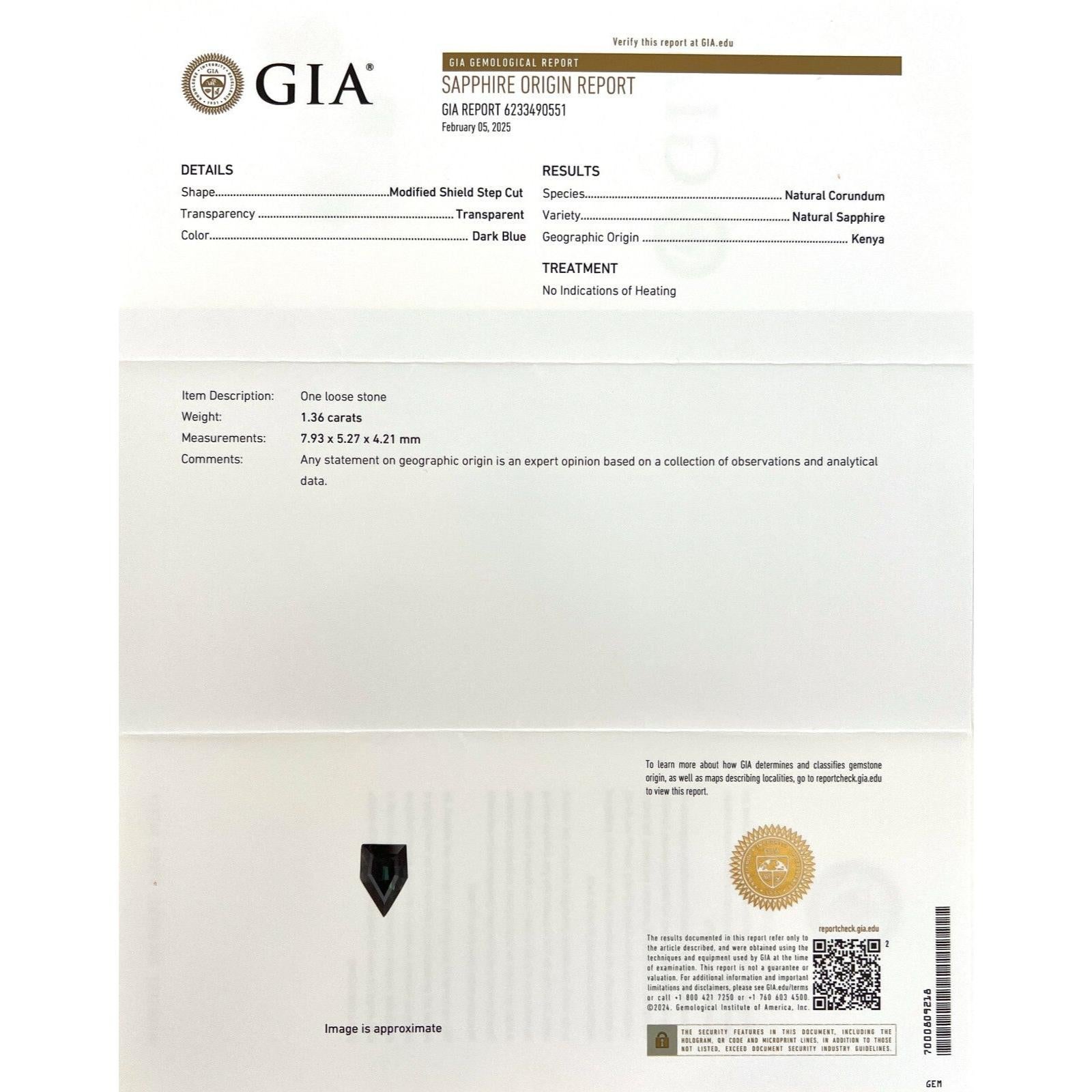 Einzigartige 1,36ct GIA zertifiziert unbehandelten tiefblauen Saphir Fancy Shield Cut Edelstein

Einzigartiger GIA-zertifizierter unbehandelter tiefblauer Saphir im Schildschliff.
1,36 Karat unerhitzter tiefblauer Saphir. Völlig unbehandelt und