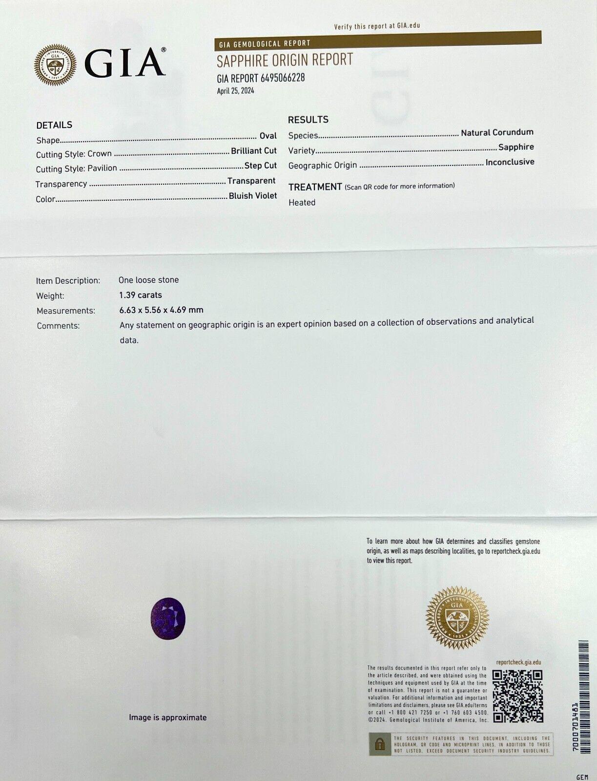 UNIQUE 1.39ct Blue Violet Purple Sapphire GIA CERTIFIED Natural Oval 6.6x5.5mm

Unique GIA Certified Vivid Blue Violet Sapphire Gemstone.
1.39 Carat natural sapphire with a fine vivid bluish violet colour. This sapphire also has excellent clarity, a