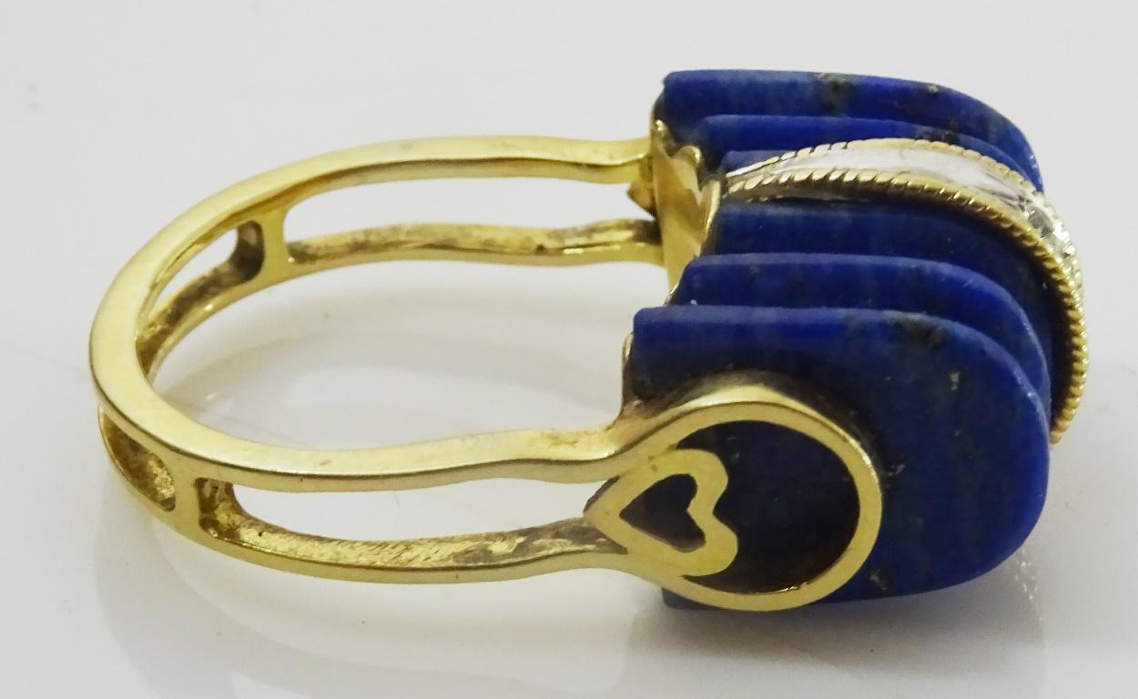 Art Deco Unique 14 karat Gold Carved Lapis Lazuli Tank Ring For Sale