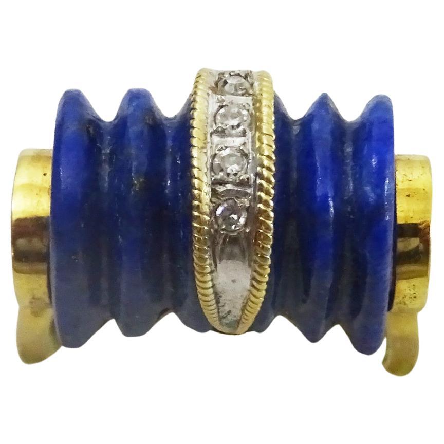 Unique 14 karat Gold Carved Lapis Lazuli Tank Ring For Sale