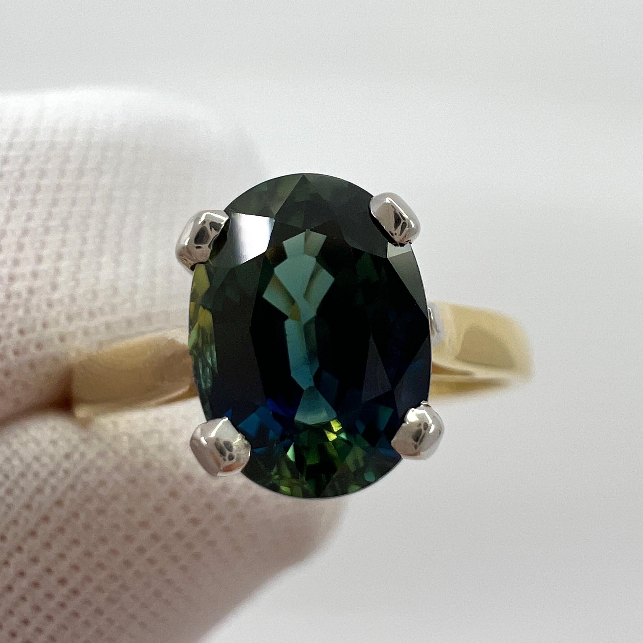 Unique 1.46 Carat Bi Colour Sapphire Blue Green Oval Cut 18k Gold Solitaire Ring For Sale 1