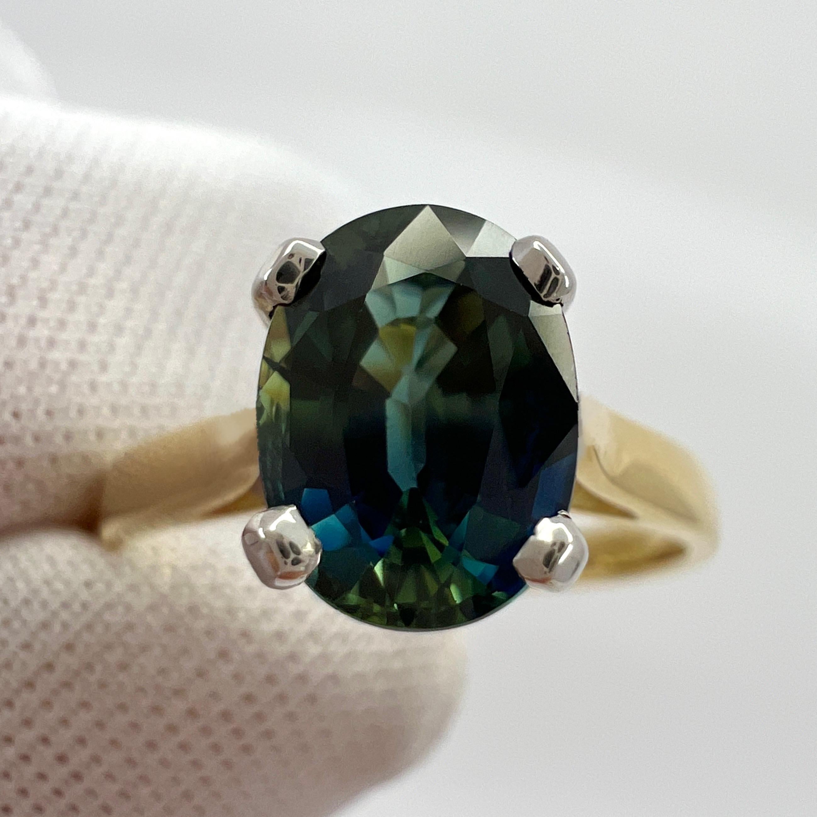 Unique 1.46 Carat Bi Colour Sapphire Blue Green Oval Cut 18k Gold Solitaire Ring For Sale 3