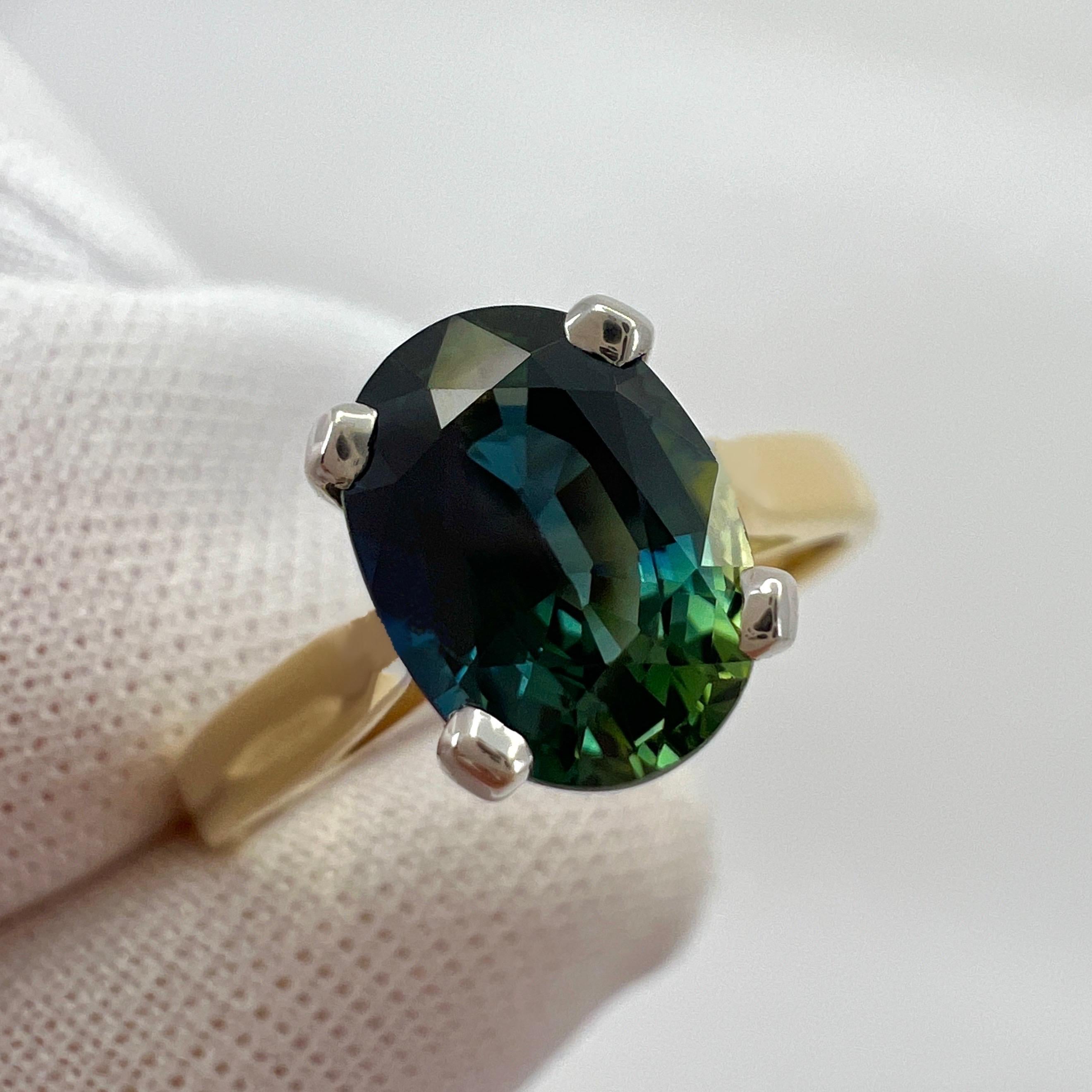 Unique 1.46 Carat Bi Colour Sapphire Blue Green Oval Cut 18k Gold Solitaire Ring For Sale 4