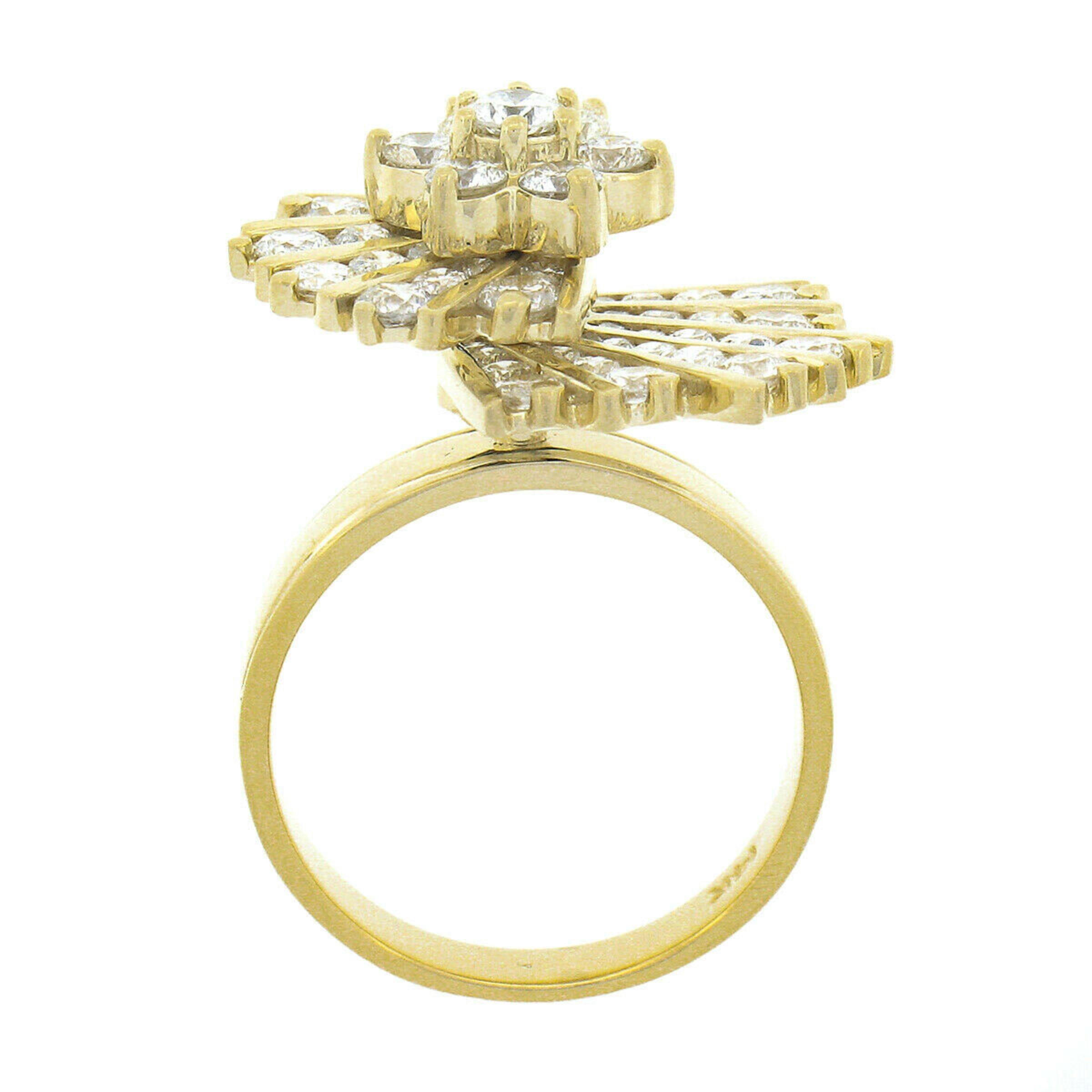 Unique 14k Gold 2.30ctw Round Diamond Spinning Fan Cluster Mobile Cocktail Ring For Sale 1