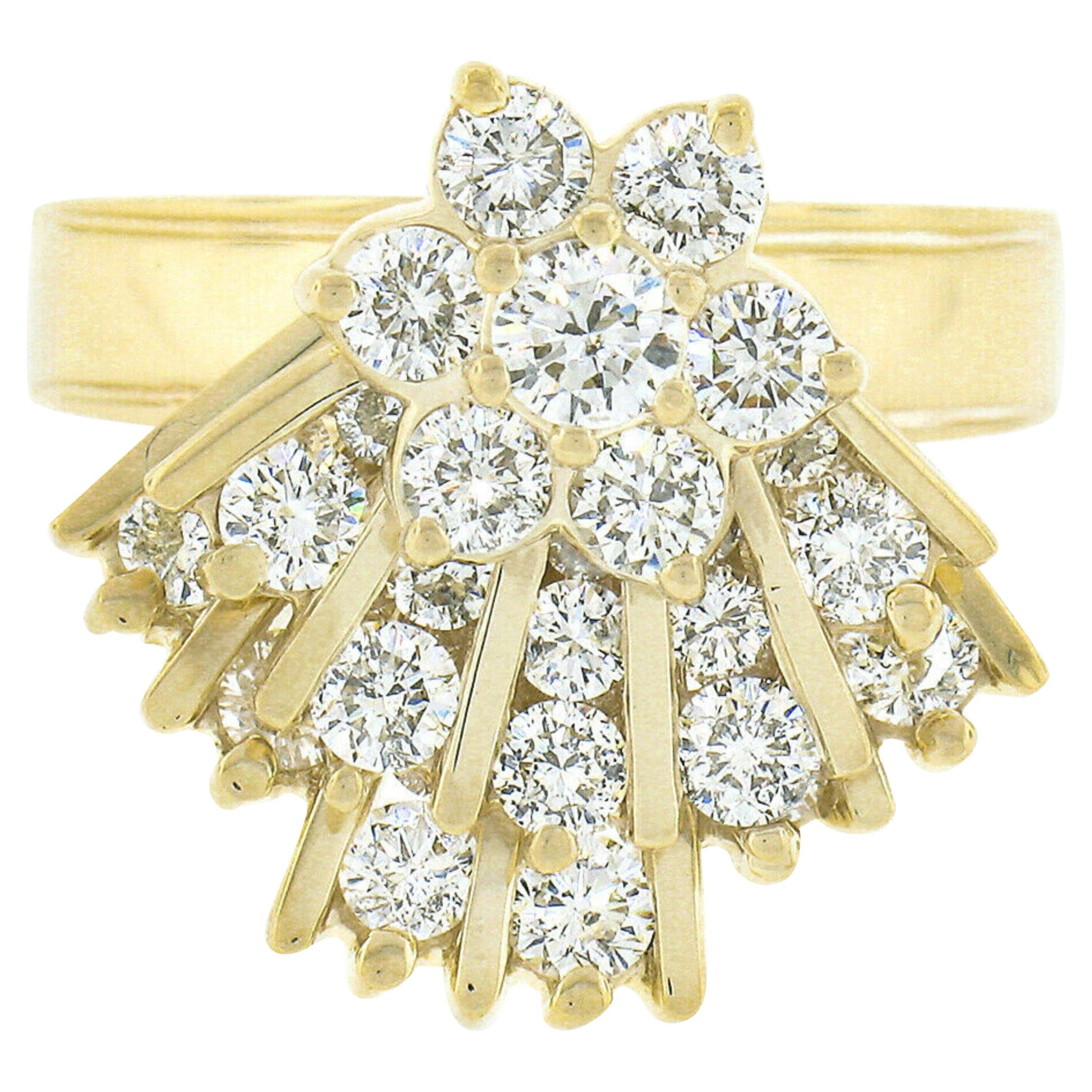 Unique 14k Gold 2.30ctw Round Diamond Spinning Fan Cluster Mobile Cocktail Ring For Sale