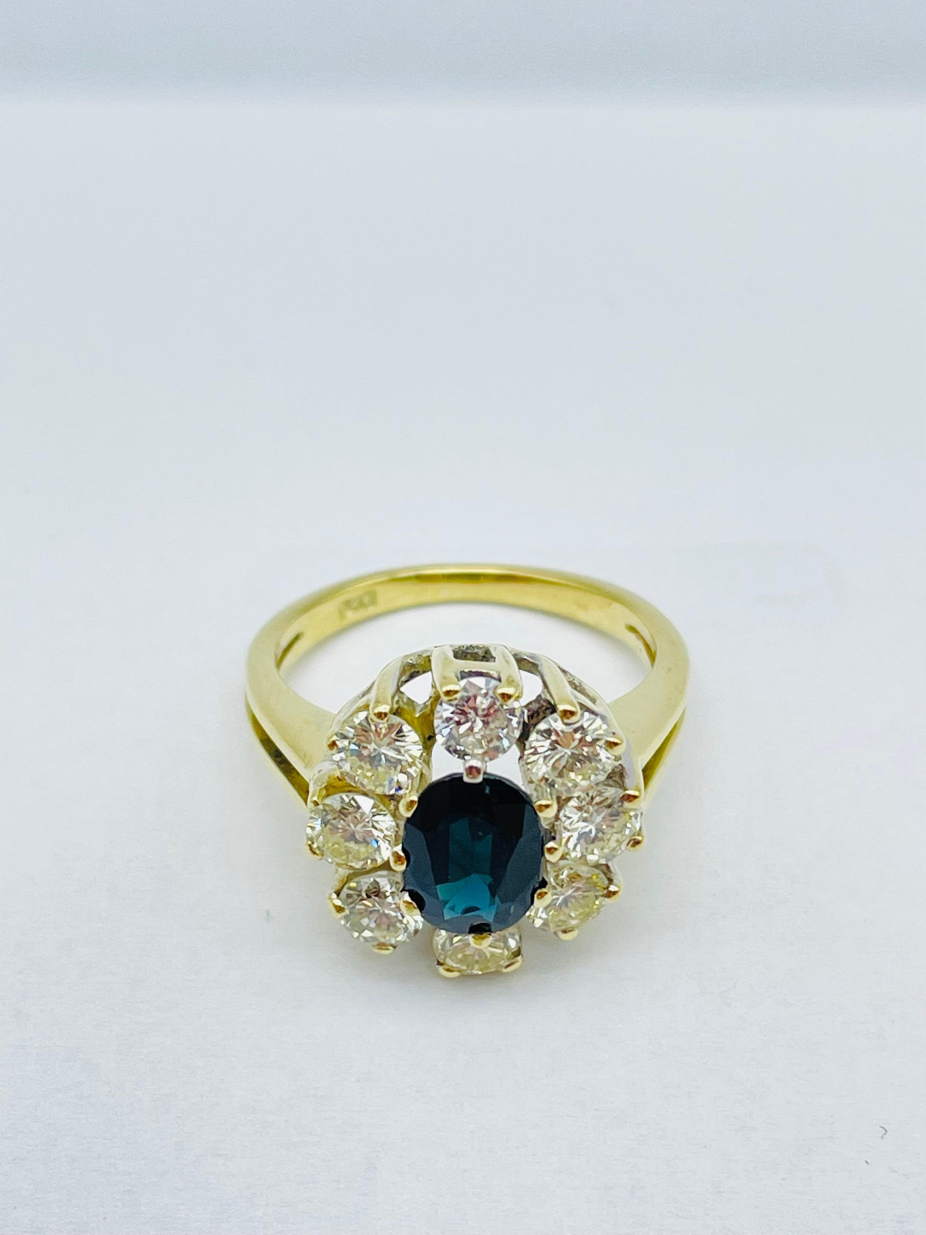 Unique 14k Gold Ring with 8 Brilliant-Cut Diamonds Each 0.15 Carat Blue Sapphire For Sale 5