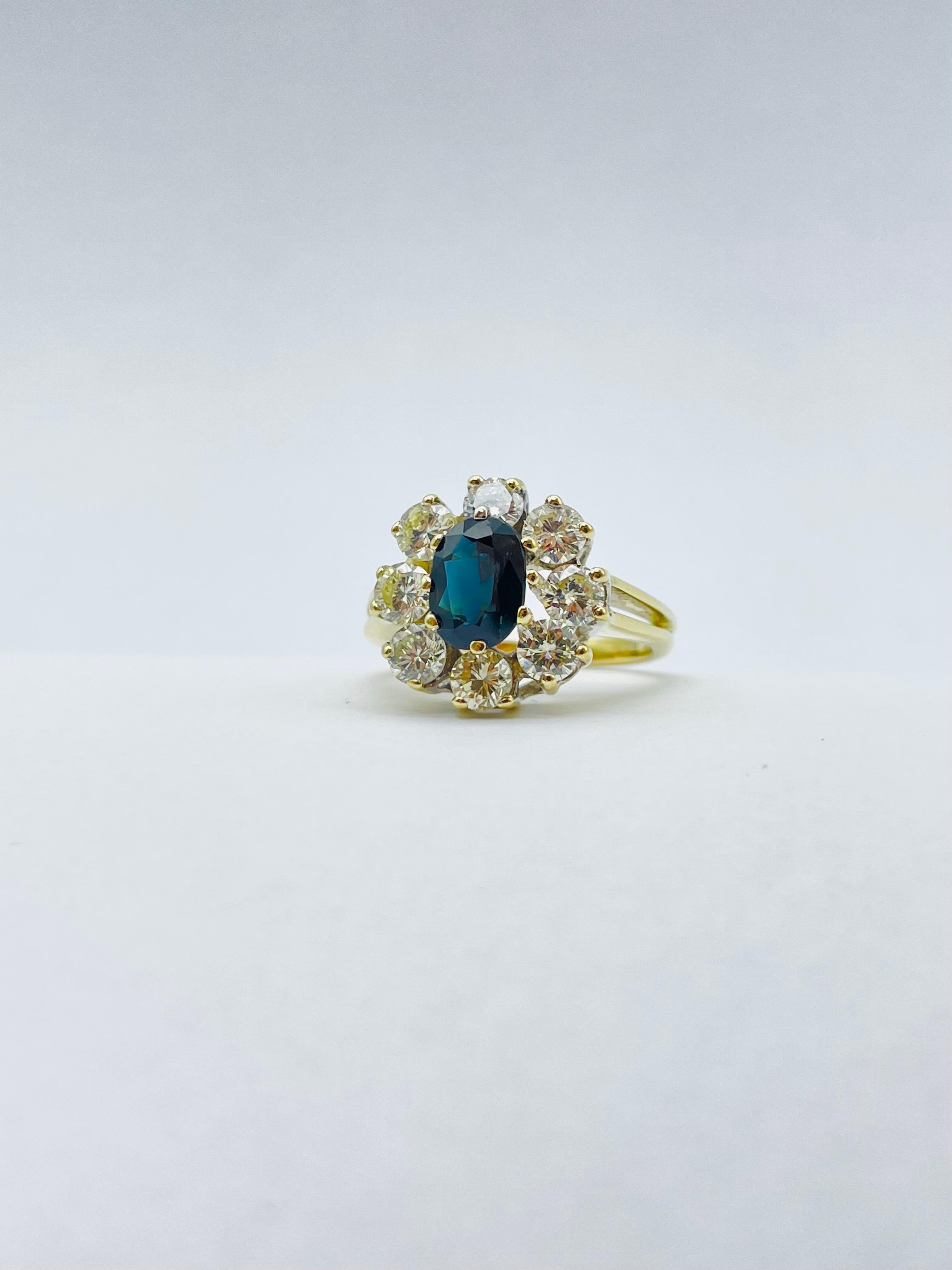 Unique 14k Gold Ring with 8 Brilliant-Cut Diamonds Each 0.15 Carat Blue Sapphire For Sale 7