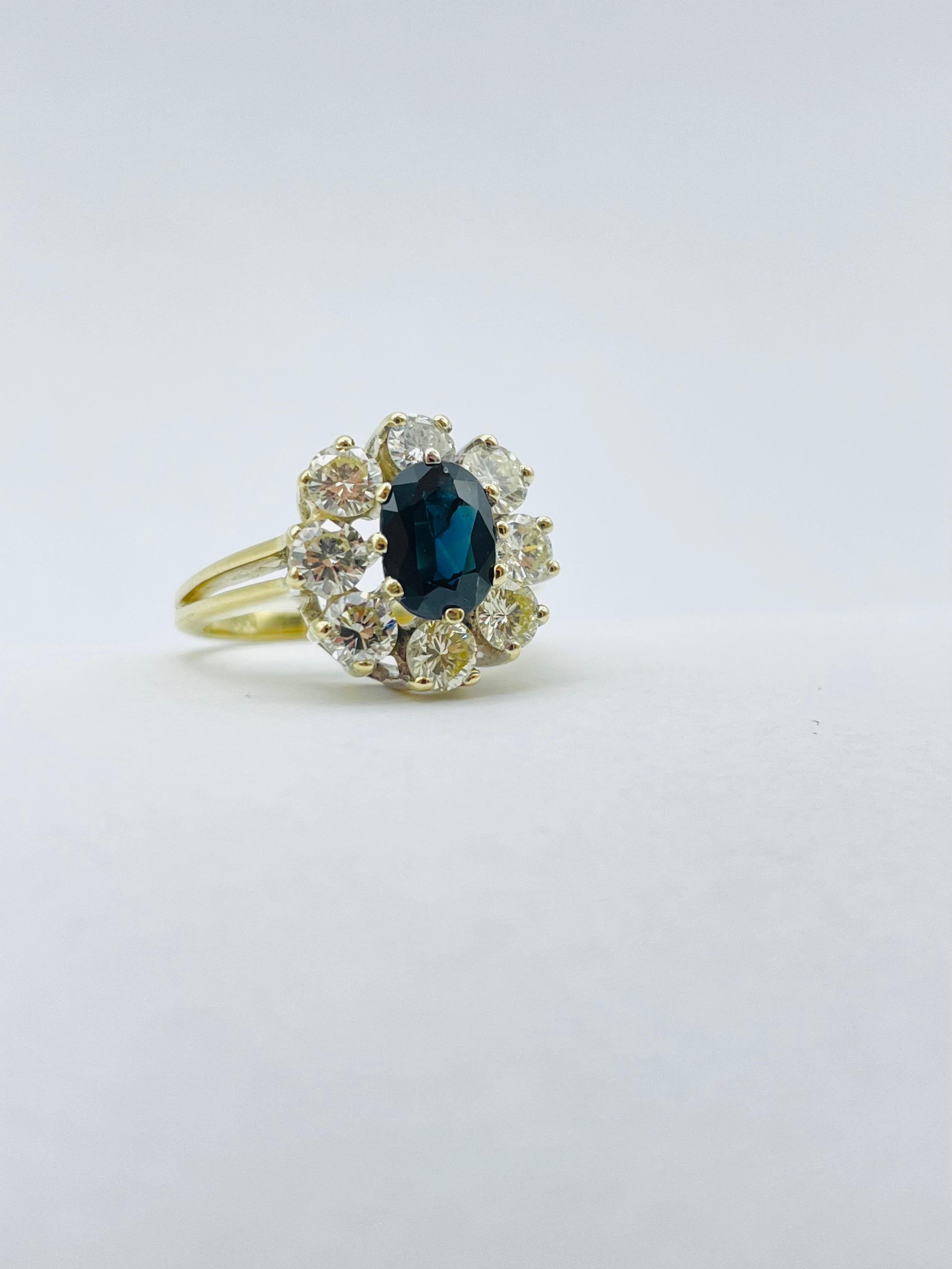 Unique 14k Gold Ring with 8 Brilliant-Cut Diamonds Each 0.15 Carat Blue Sapphire For Sale 8