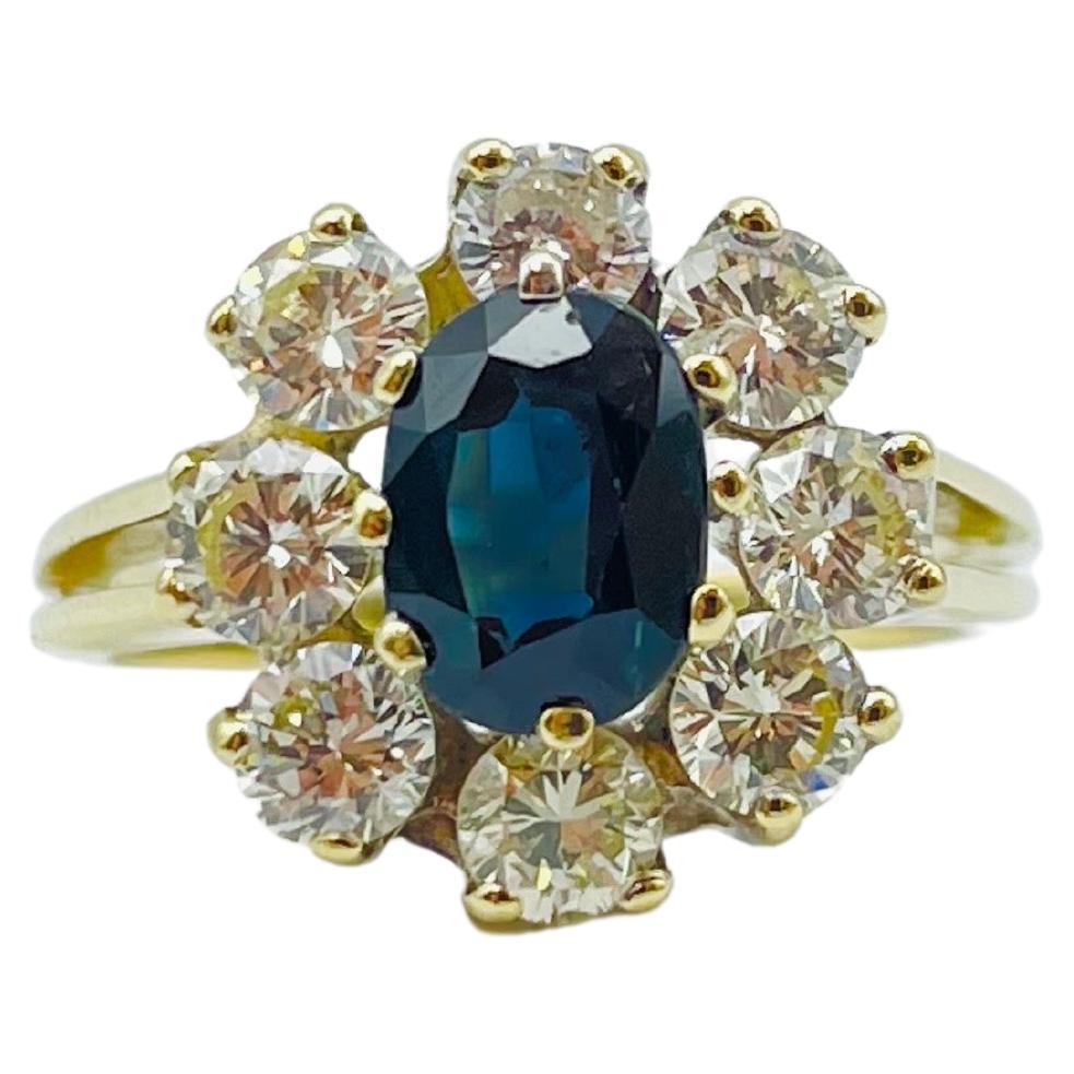 Neoclassical Unique 14k Gold Ring with 8 Brilliant-Cut Diamonds Each 0.15 Carat Blue Sapphire For Sale