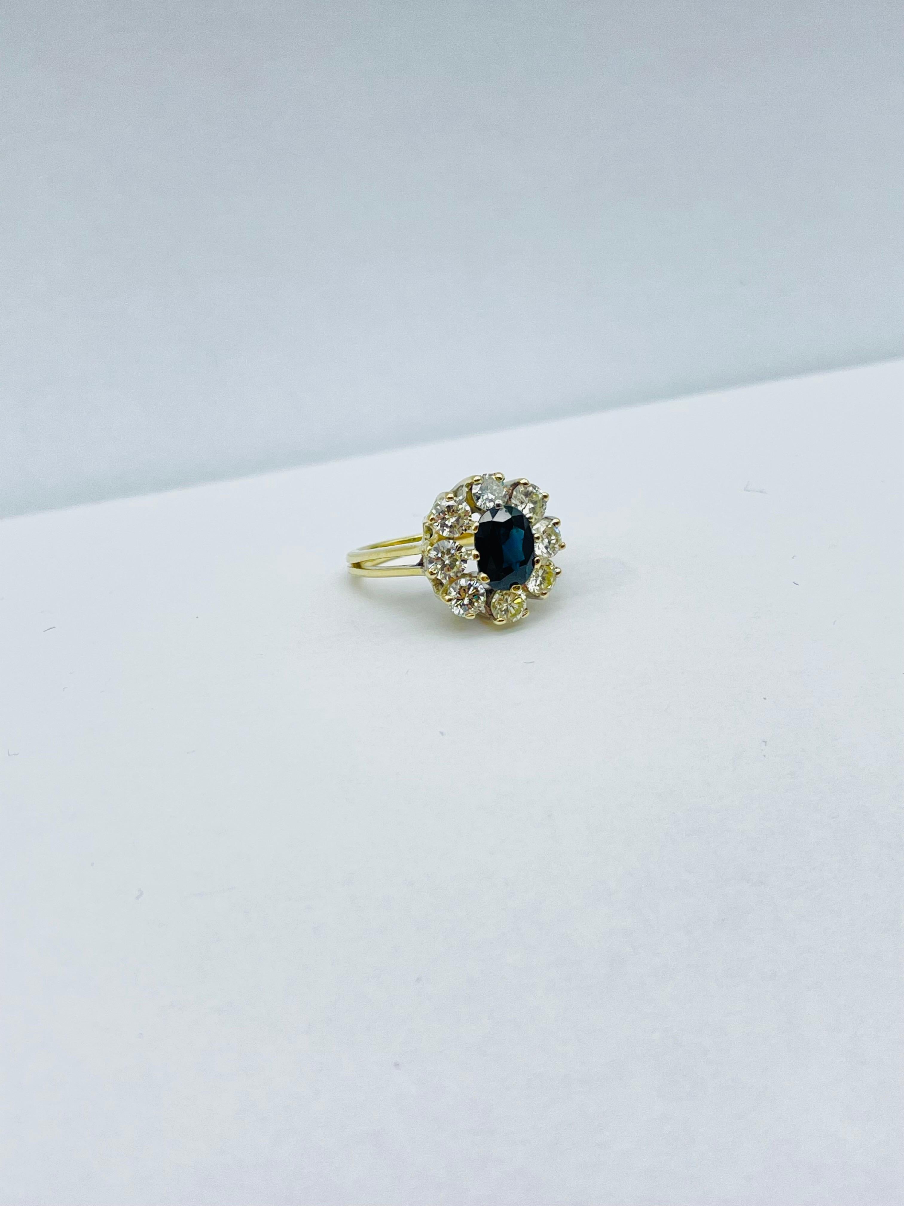 Oval Cut Unique 14k Gold Ring with 8 Brilliant-Cut Diamonds Each 0.15 Carat Blue Sapphire For Sale