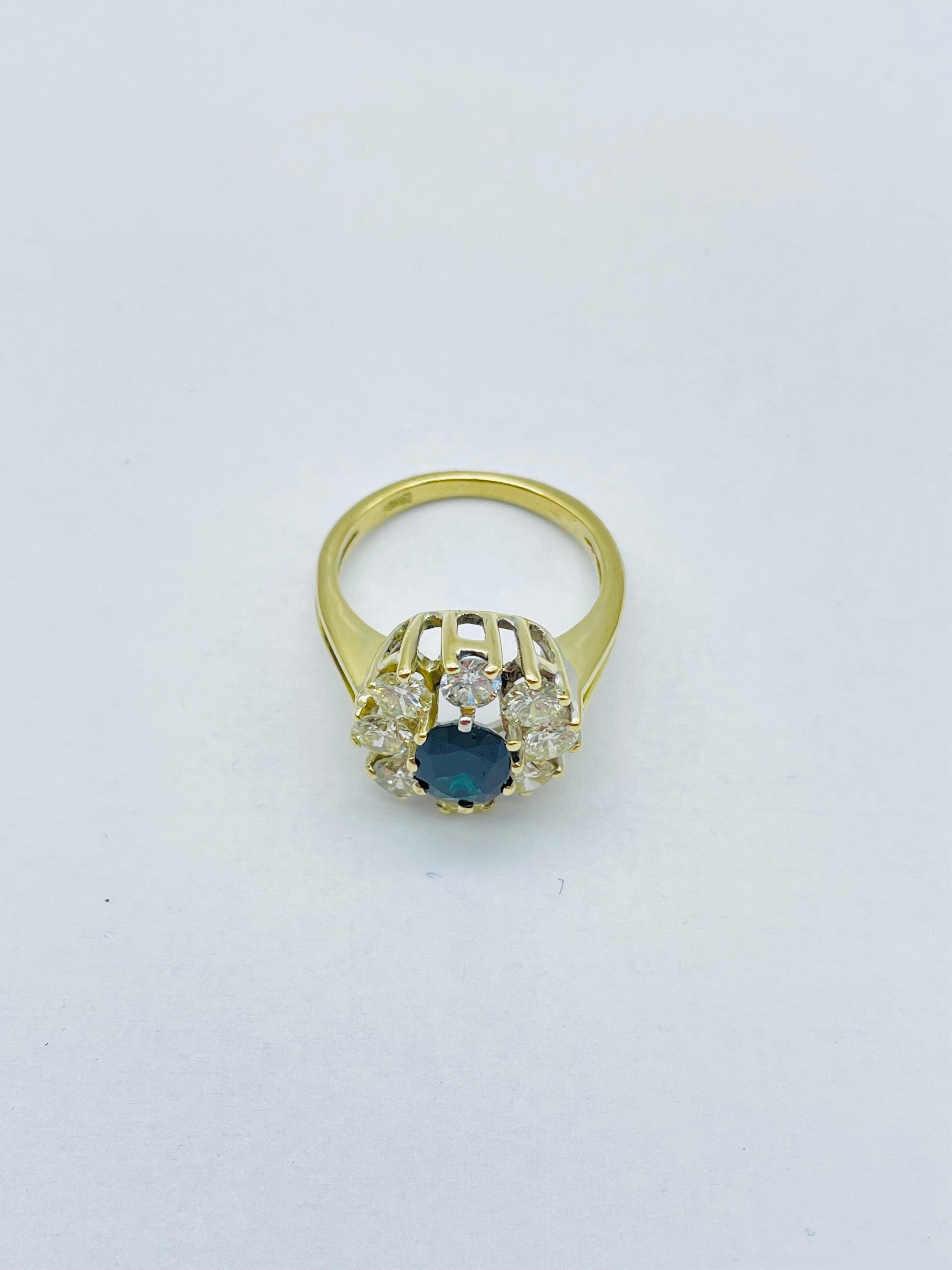 Women's Unique 14k Gold Ring with 8 Brilliant-Cut Diamonds Each 0.15 Carat Blue Sapphire For Sale