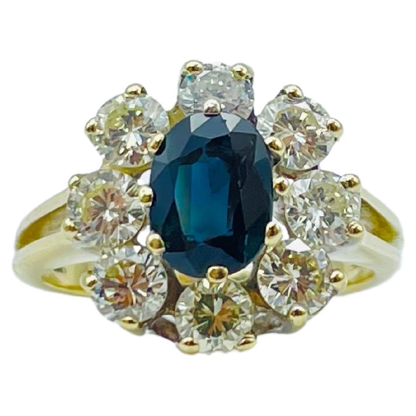 Unique 14k Gold Ring with 8 Brilliant-Cut Diamonds Each 0.15 Carat Blue Sapphire For Sale