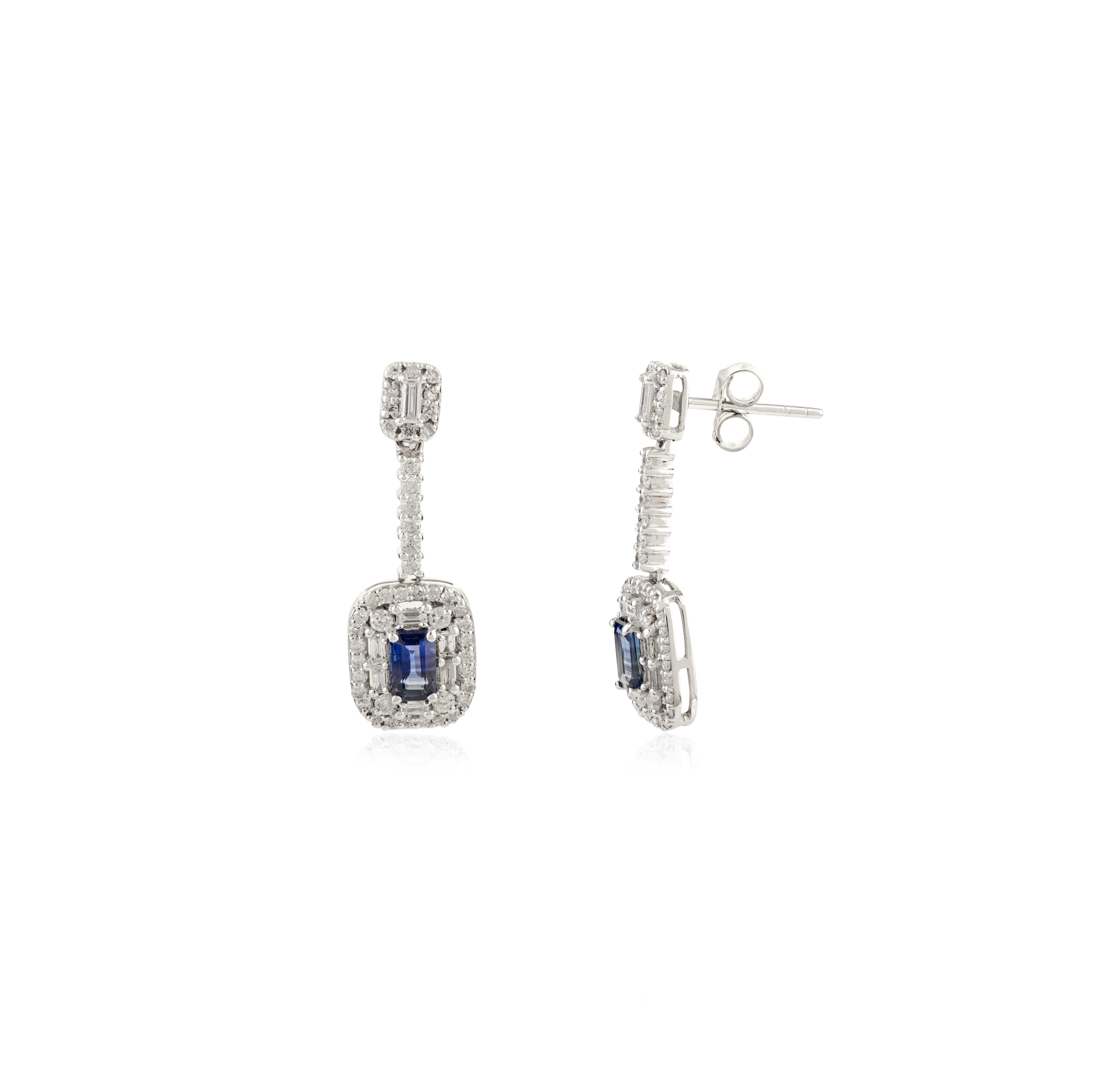 Pendientes Únicos de Oro Blanco Macizo de 14k con Zafiro Azul Profundo y Diamante en Nuevo estado para la venta en New York, NY