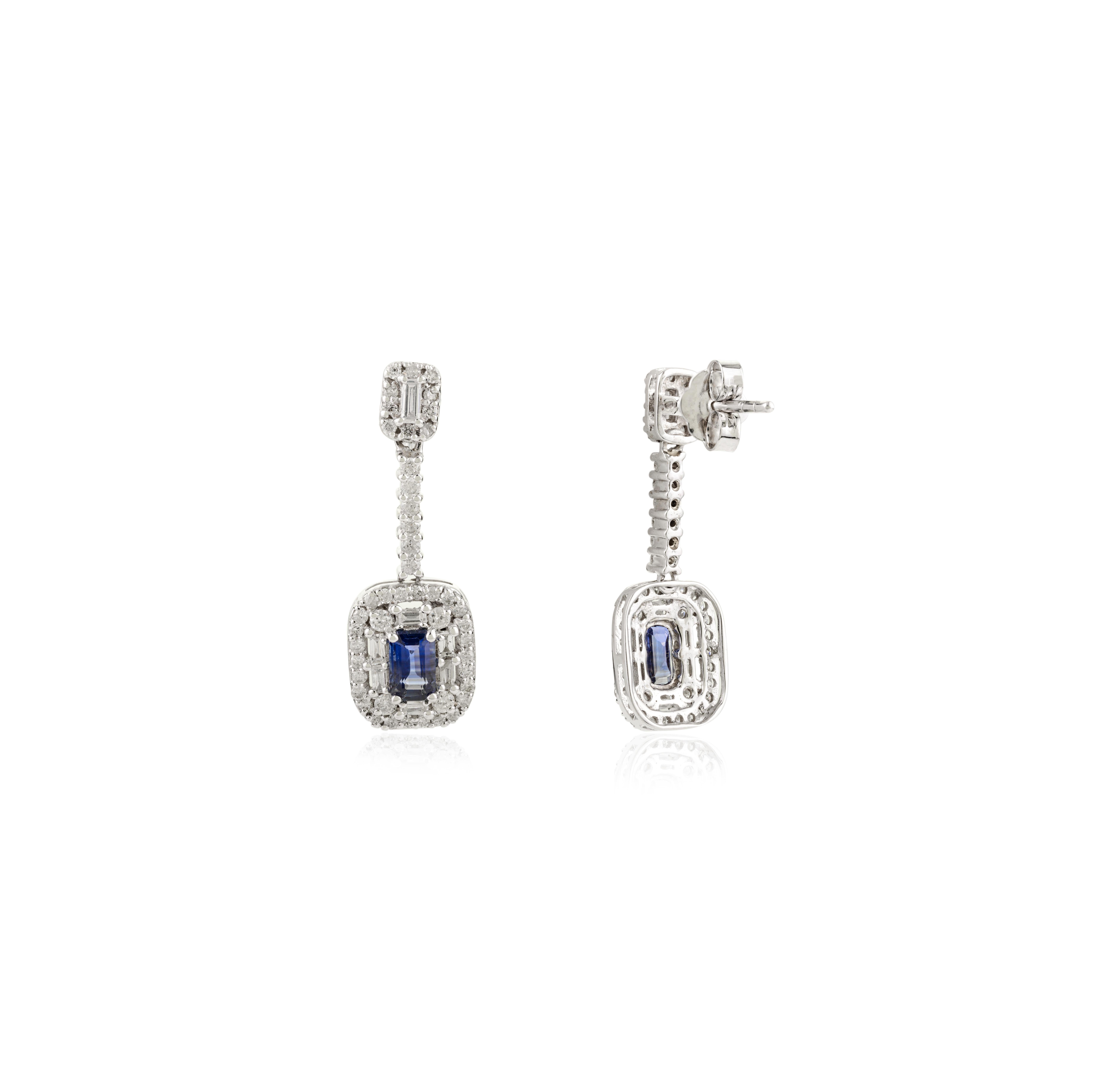 Pendientes Únicos de Oro Blanco Macizo de 14k con Zafiro Azul Profundo y Diamante en venta 1
