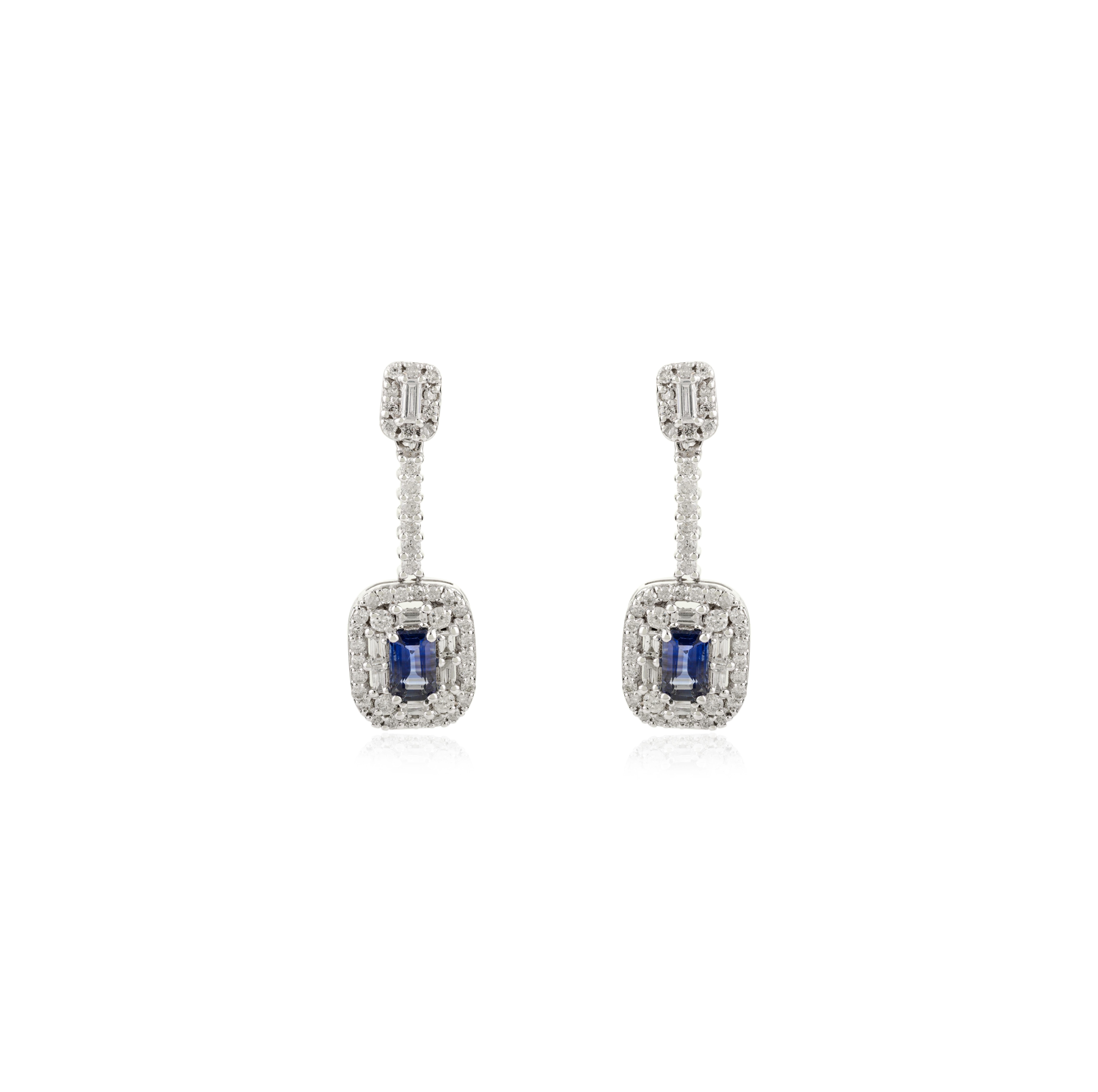Pendientes Únicos de Oro Blanco Macizo de 14k con Zafiro Azul Profundo y Diamante en venta 3