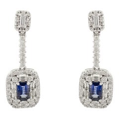 Pendientes Únicos de Oro Blanco Macizo de 14k con Zafiro Azul Profundo y Diamante