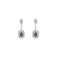 Pendants d'oreilles Halo en or blanc massif 14k avec saphir bleu foncé et diamant
