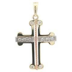 Unique 14k Tri Color Gold 0.20ctw Diamond Open Work Twisted Wire Cross Pendant