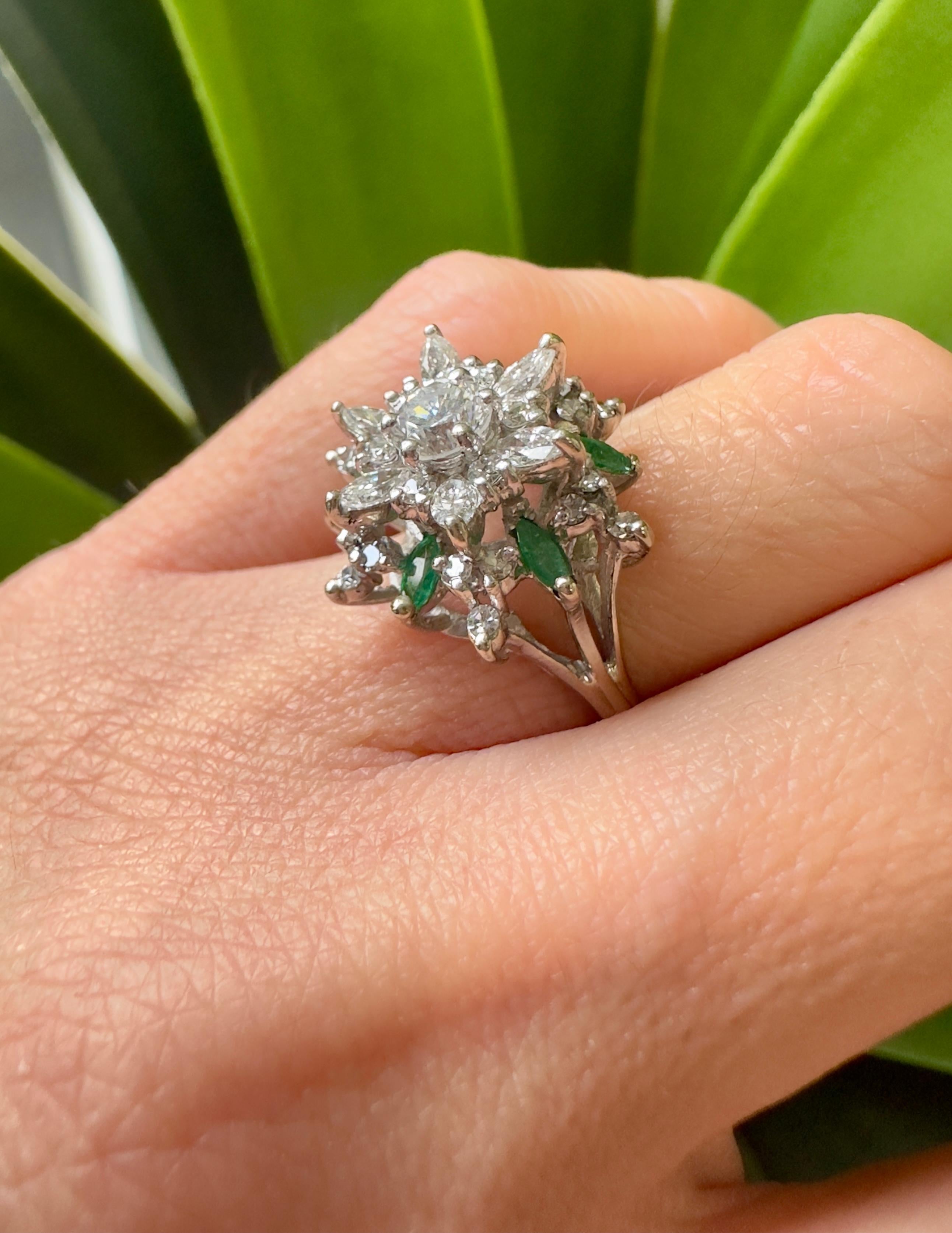 Women's Unique 14k White Gold Vintage Diamond and Emerald Ring For Sale