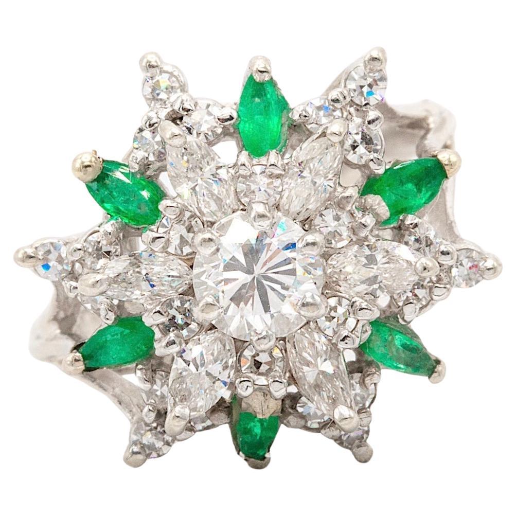 Unique 14k White Gold Vintage Diamond and Emerald Ring