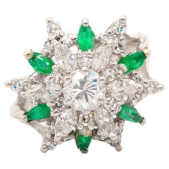 Unique 14k White Gold Vintage Diamond and Emerald Ring