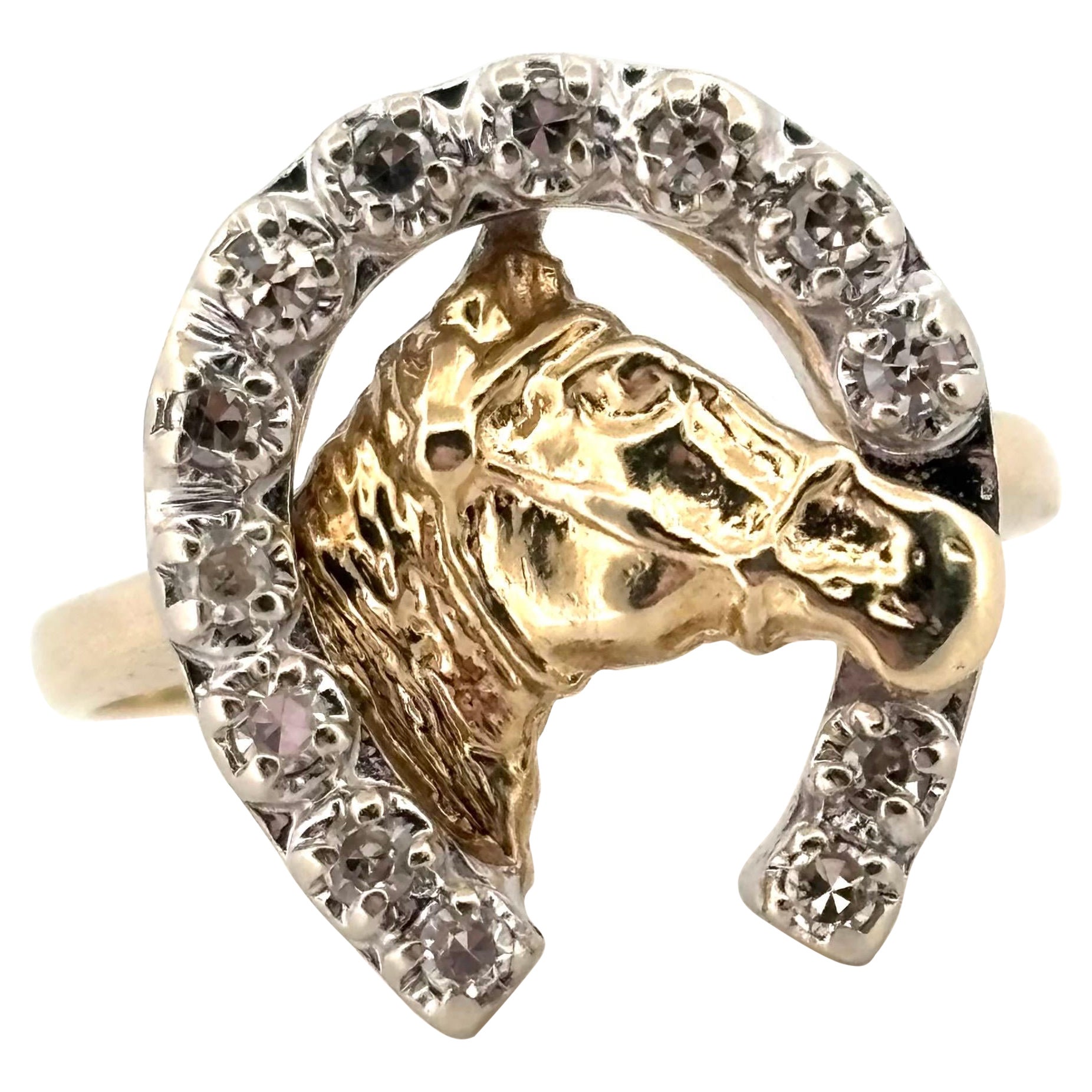 Bague unique en or jaune 14K 0.26ctw Diamond Horse Head Horseshoe Ring