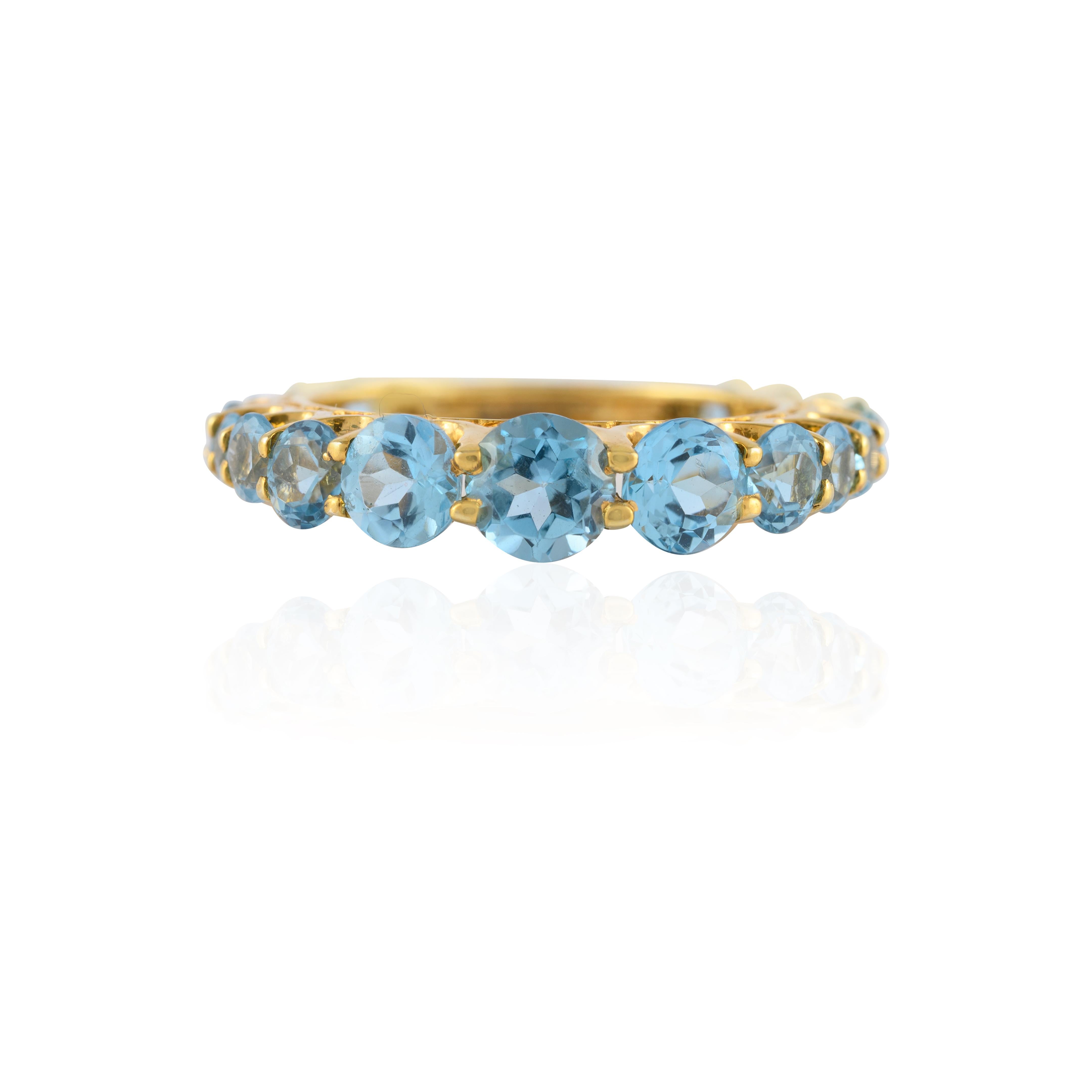 For Sale:  Unique 14k Yellow Gold 3.09 Carat Blue Topaz Half Eternity Band Ring 2
