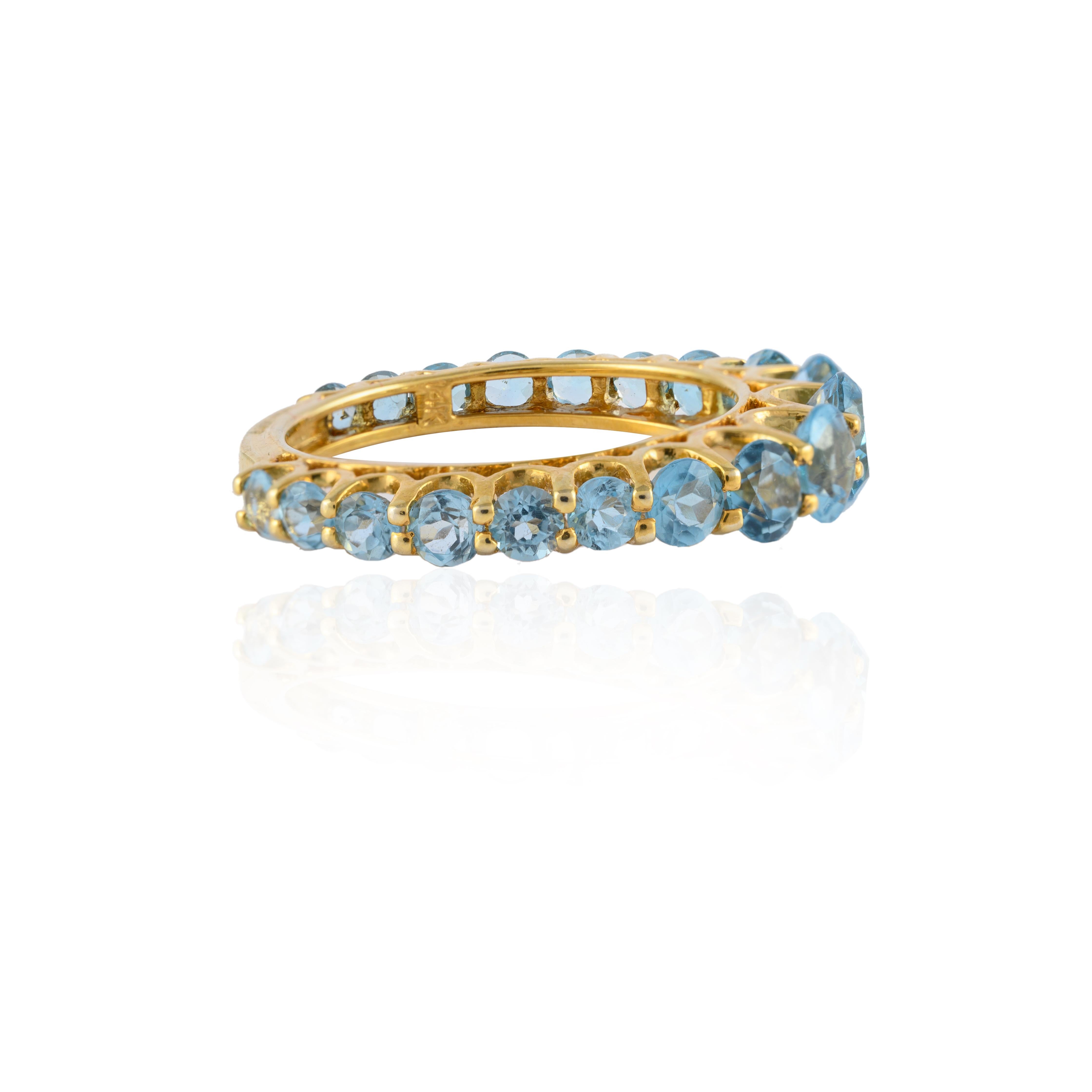 For Sale:  Unique 14k Yellow Gold 3.09 Carat Blue Topaz Half Eternity Band Ring 3
