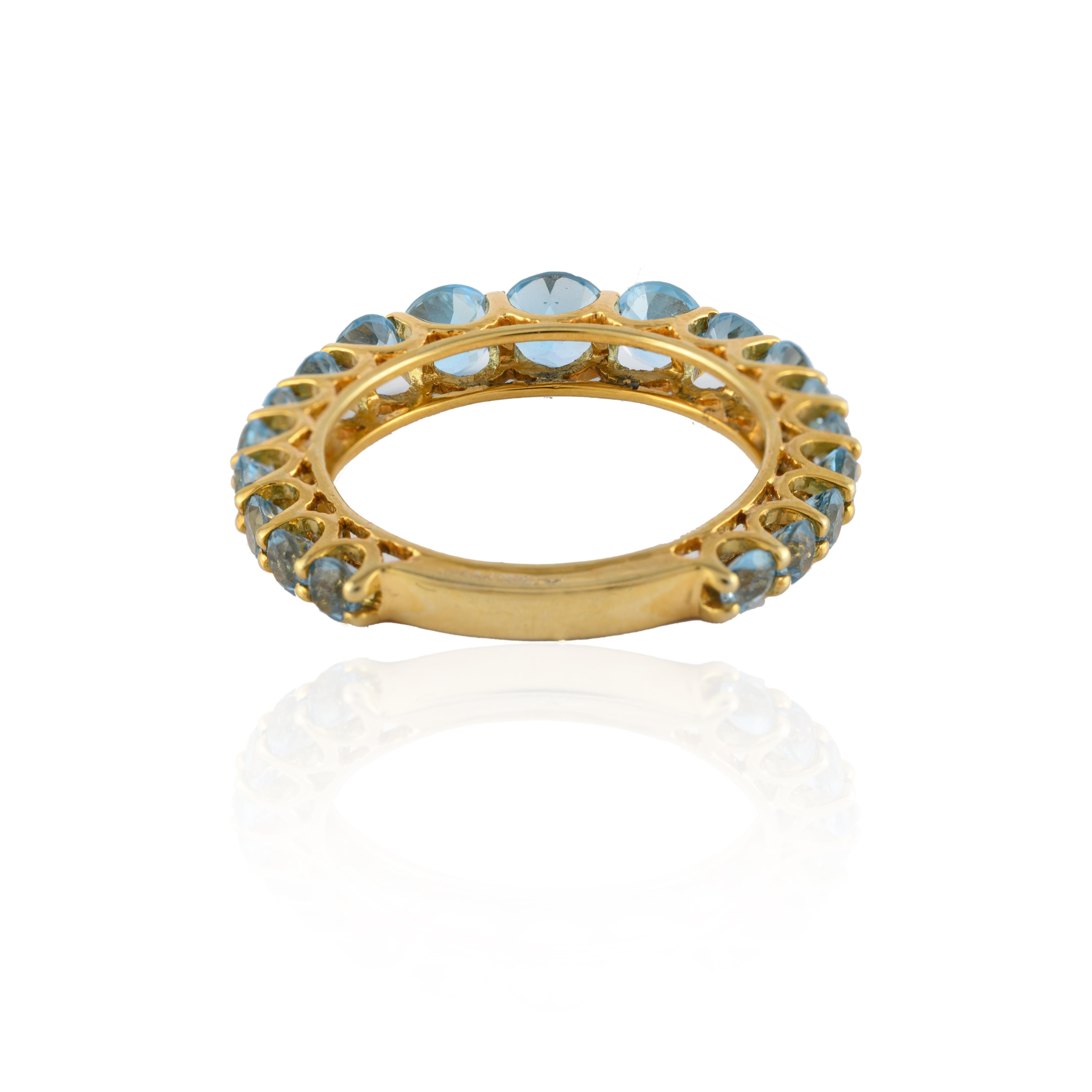 For Sale:  Unique 14k Yellow Gold 3.09 Carat Blue Topaz Half Eternity Band Ring 4