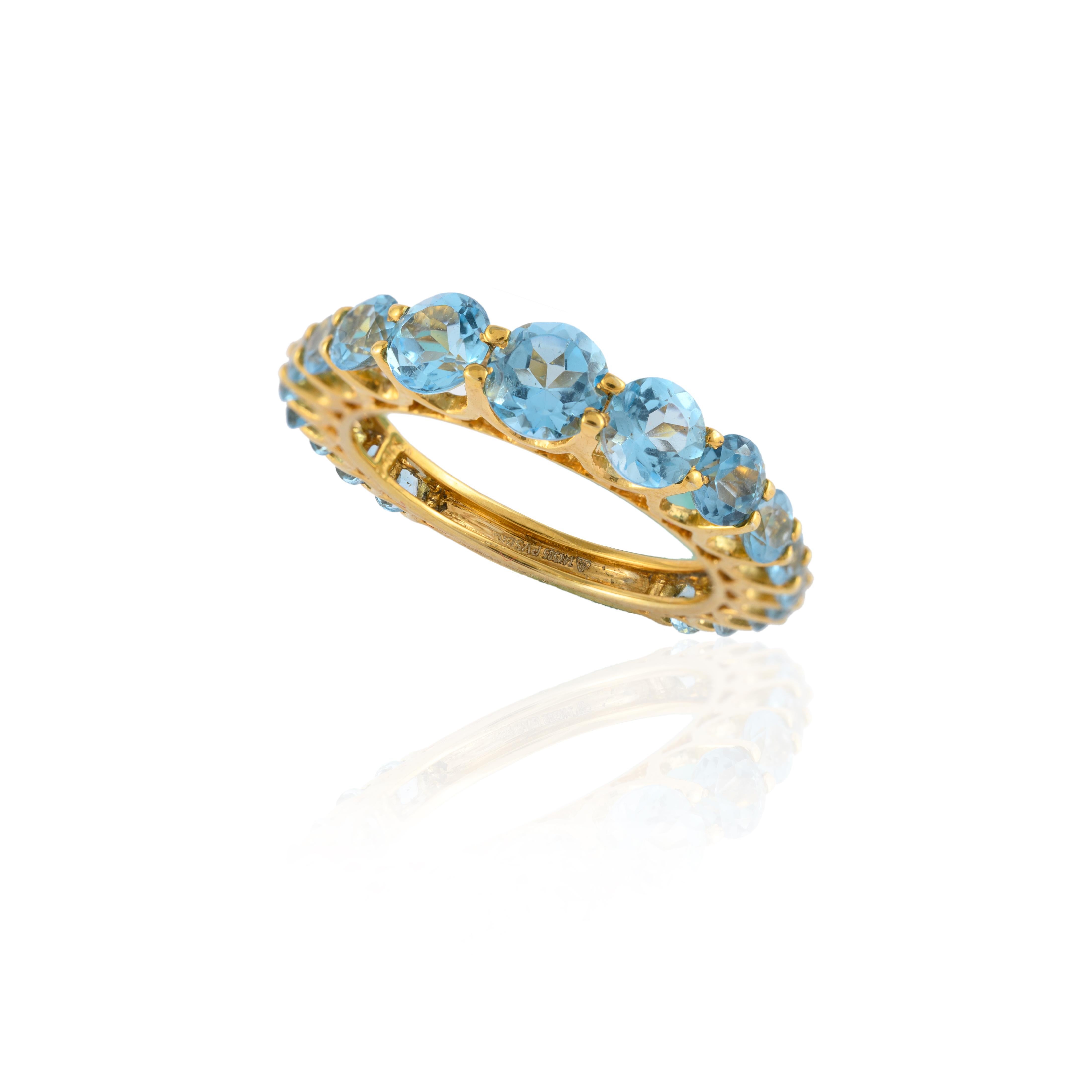 For Sale:  Unique 14k Yellow Gold 3.09 Carat Blue Topaz Half Eternity Band Ring 5