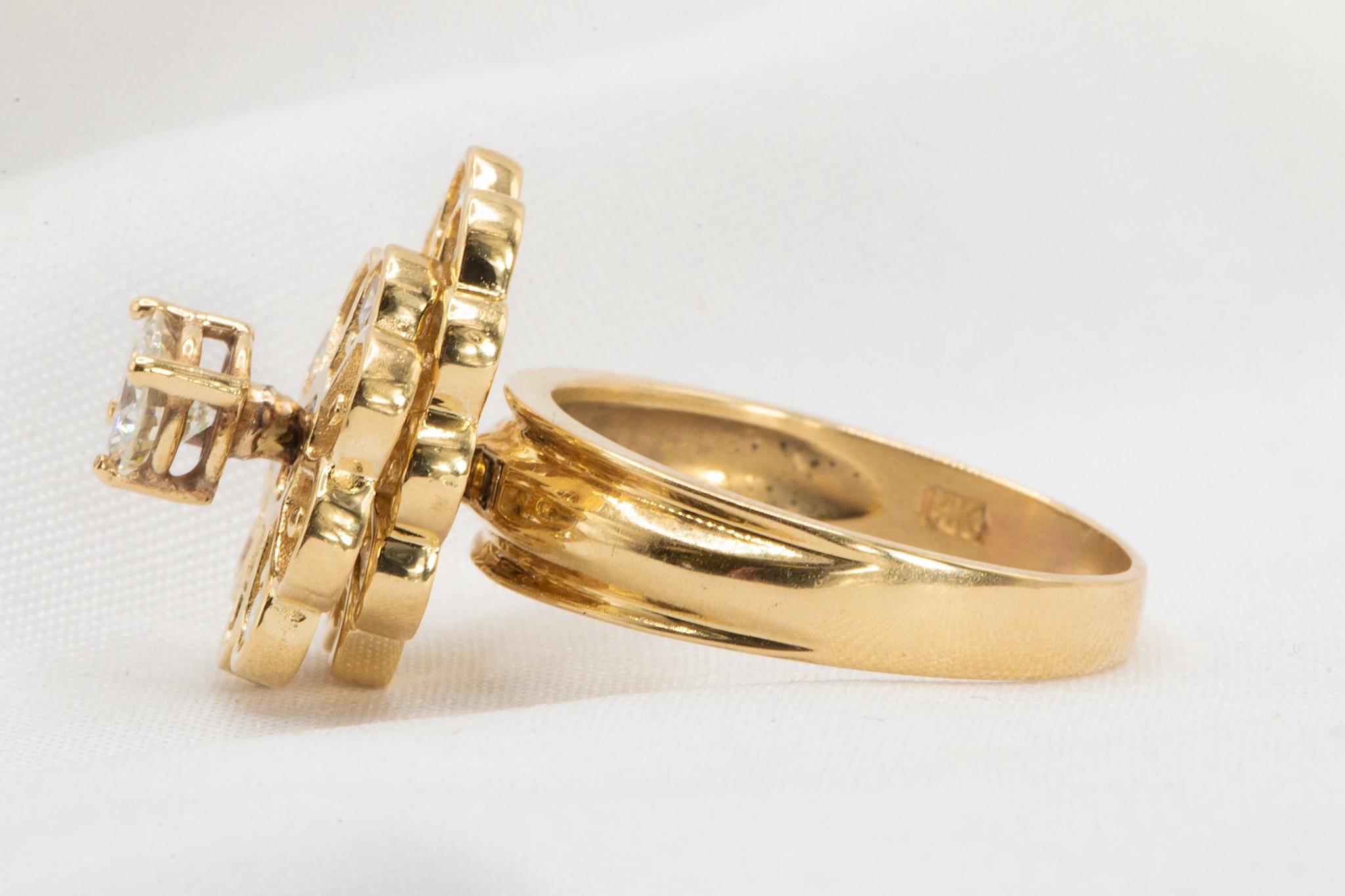 Round Cut Unique 14k Yellow Gold Floral Diamond Spinner Ring 1.42 Carat Total For Sale
